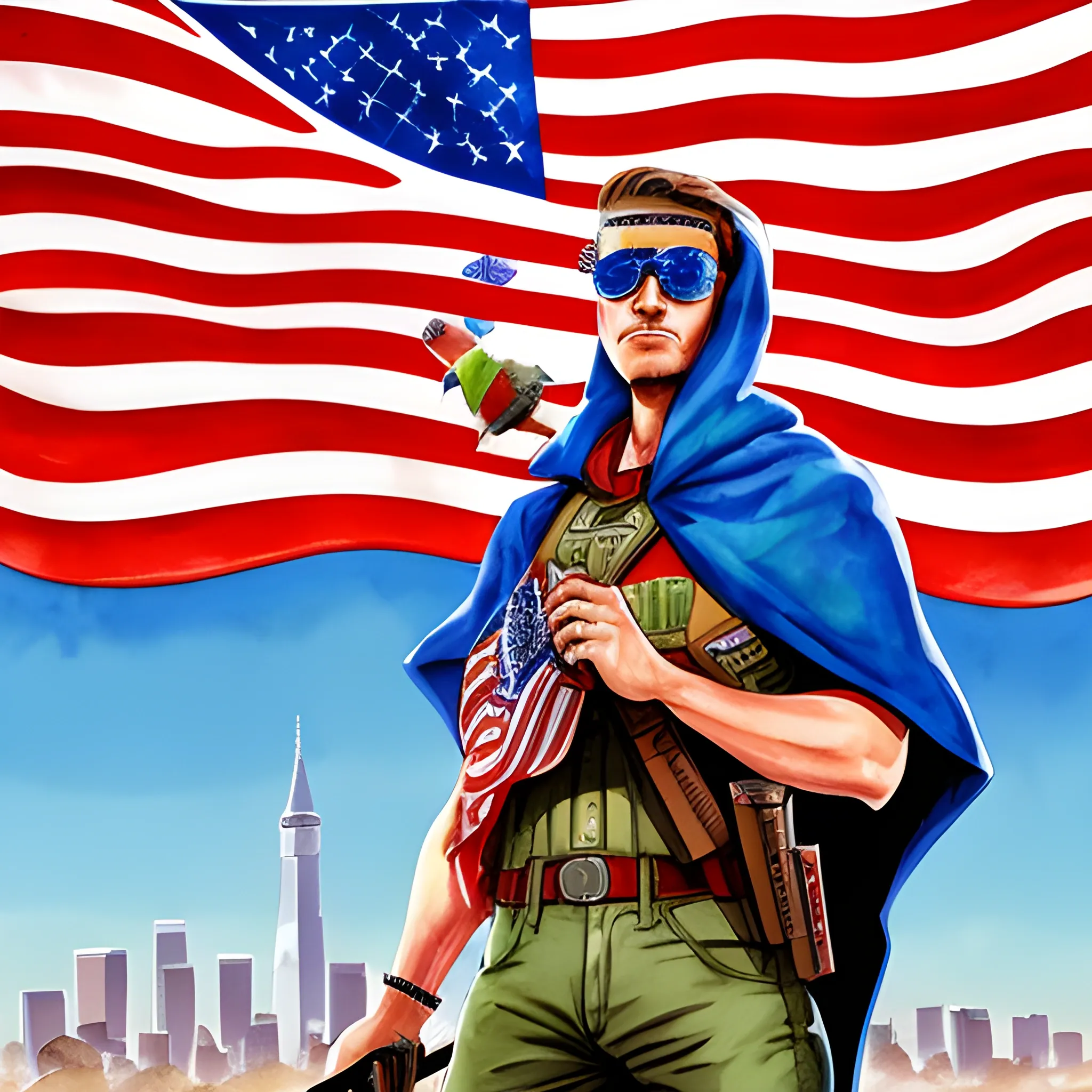 american bird of freedom wearing sunglasses and a flag as a cape, wielding coca cola cans as weapons, in the background los angeles is under attack by alien forces from mars Water Color