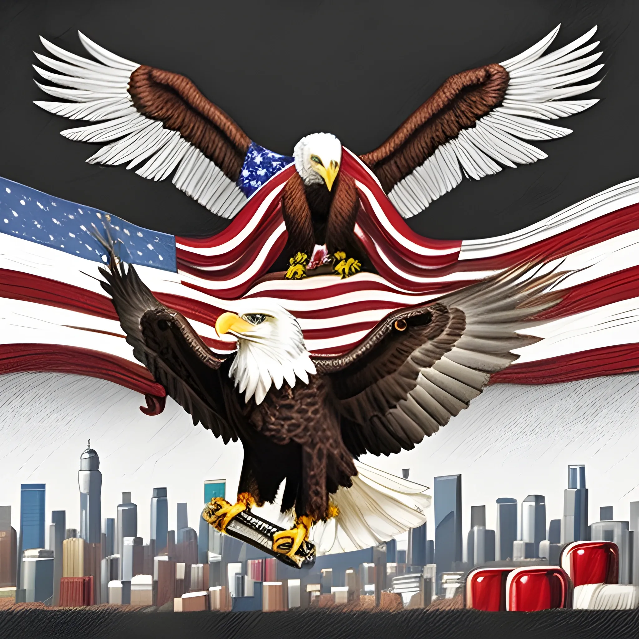 a bald eagle wearing sunglasses and a flag as a cape, wielding coca cola cans as weapons in its hands, in the background los angeles is under attack by flying saucers , Pencil Sketch, Trippy