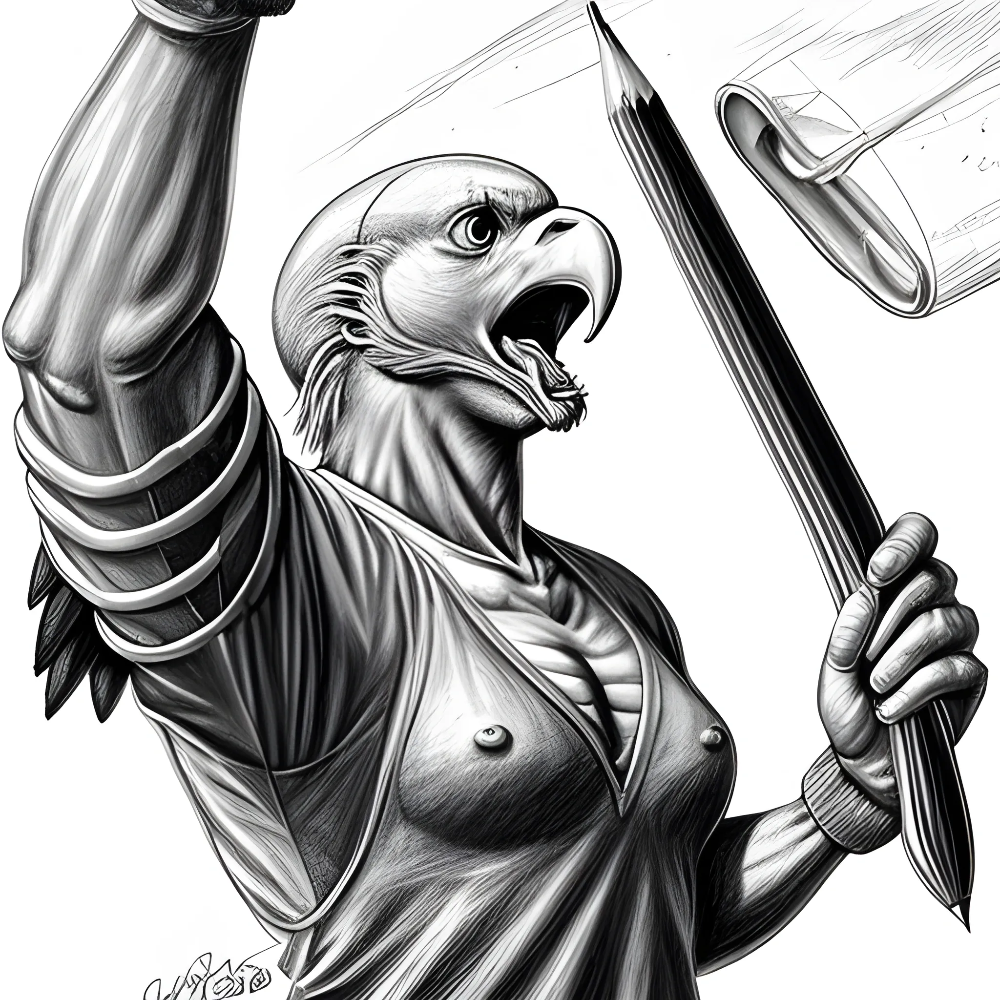 a bald eagle wielding coca cola cans as weapons, Pencil Sketch