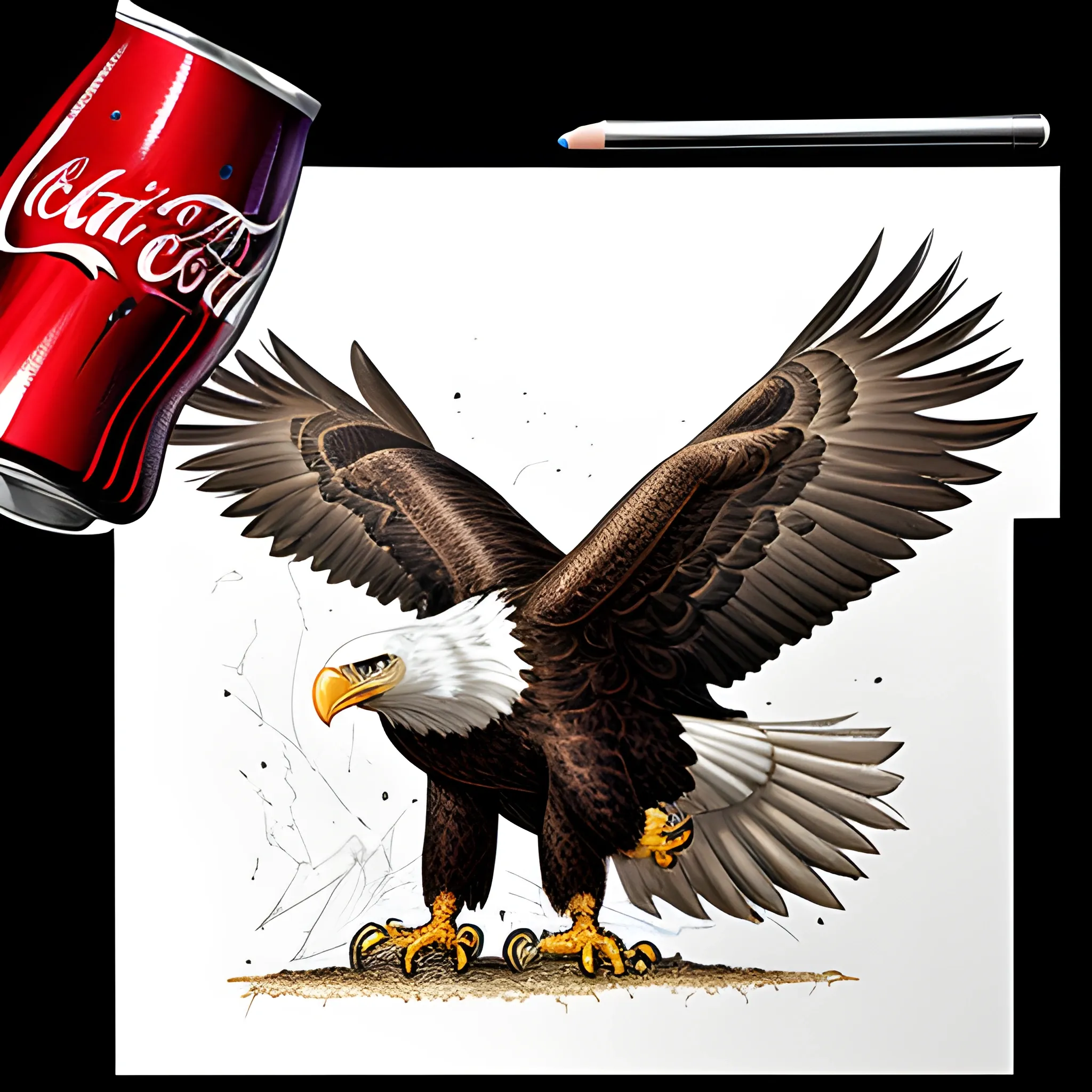 a male bald eagle wielding coca cola cans as weapons, fighting a giant pair of socks Pencil Sketch