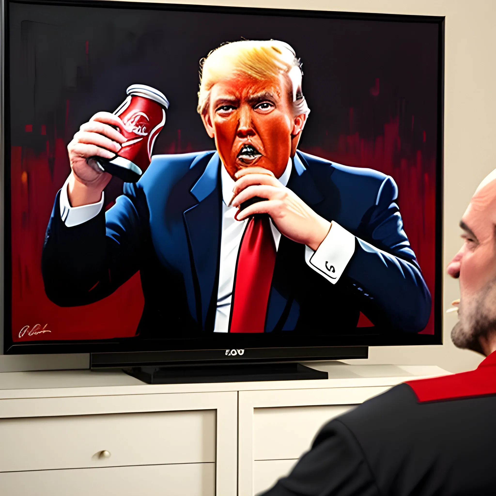 a man eating a pair of socks, drinking coca cola and watching TV; a heavily balding, young Trump is visible on the television screen Oil Painting