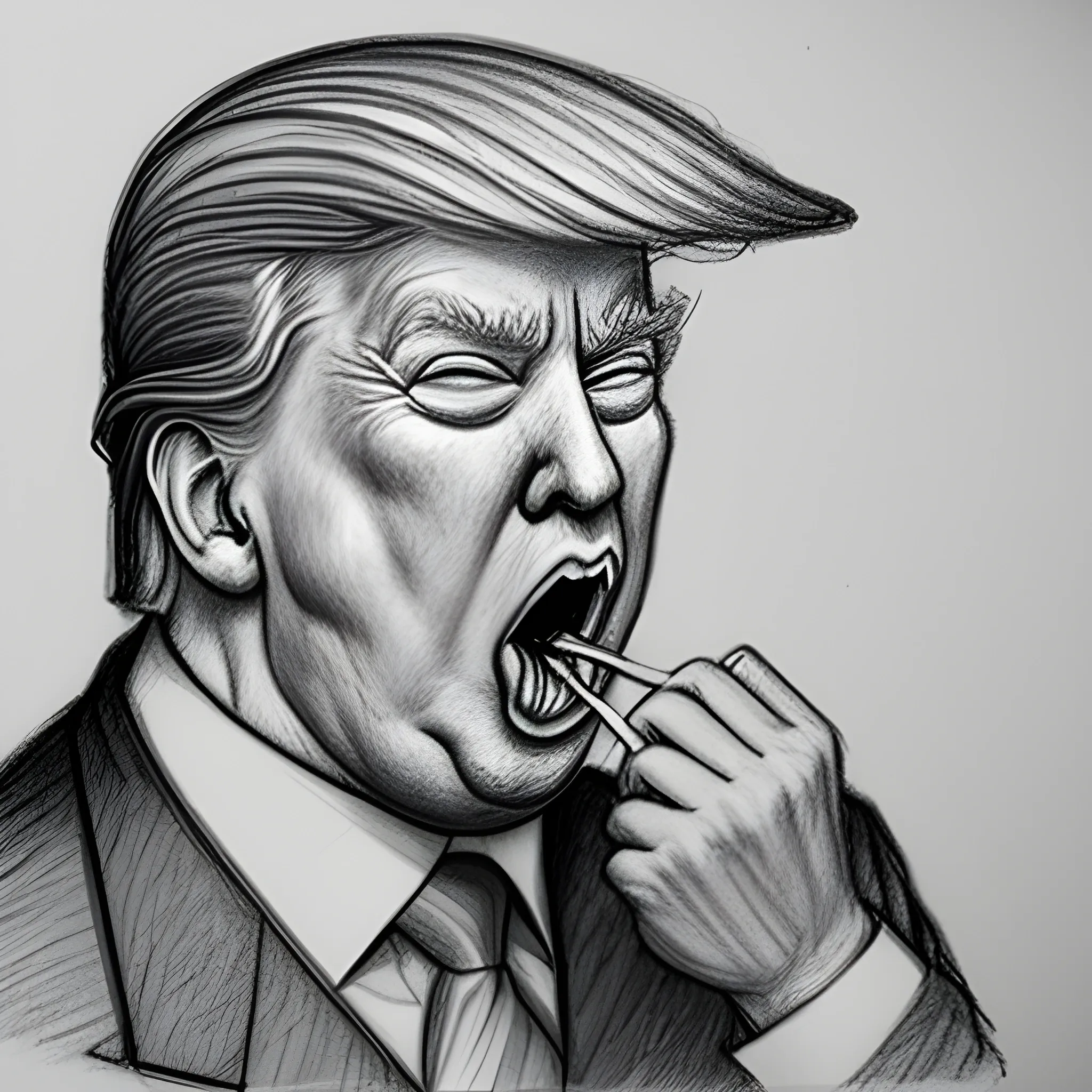 angry Trump eating a pair of socks using spoons in both hands, Pencil Sketch