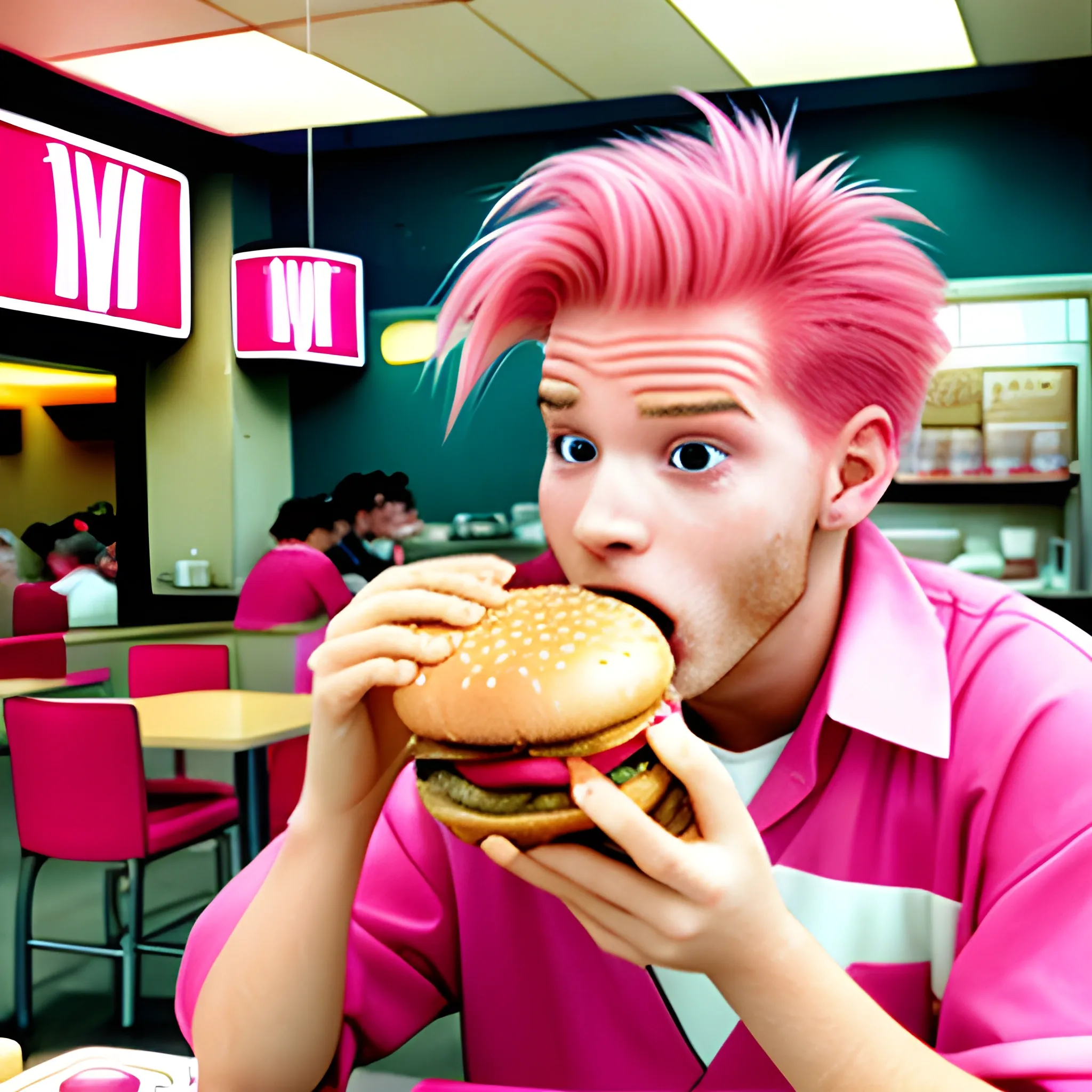 pink haired man eating a hamburger in mcdonalds circa 1990 Trippy
