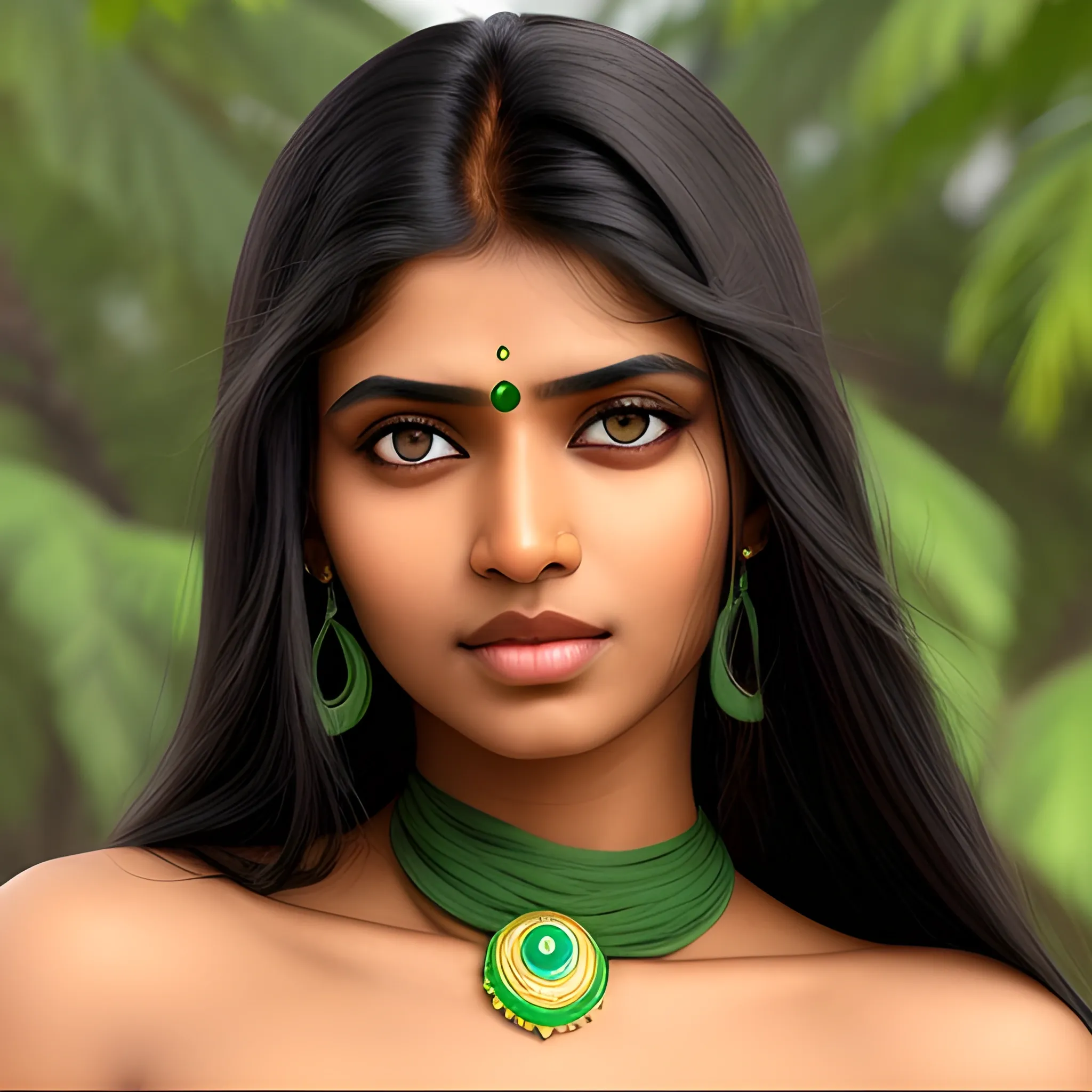 Indian woman, long smooth dark hair, alabaster skin, green eyes