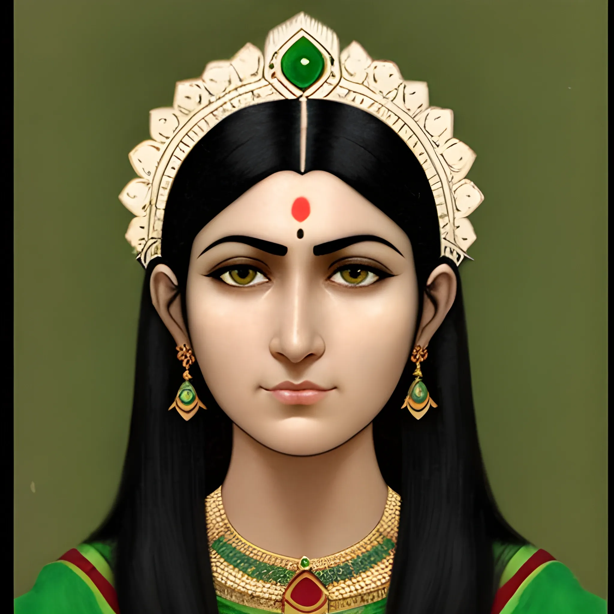 A pale-skinned, black-haired, green-eyed woman with Indian facial features with a haughty expression on her face