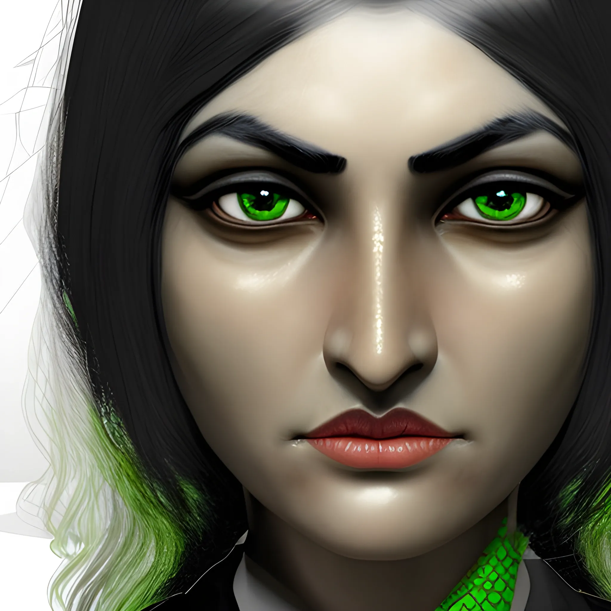 A pale-skinned, black-haired, green-eyed woman with Indian facial features with a haughty expression on her face wearing a black suit jacket, realistic 3D art, 