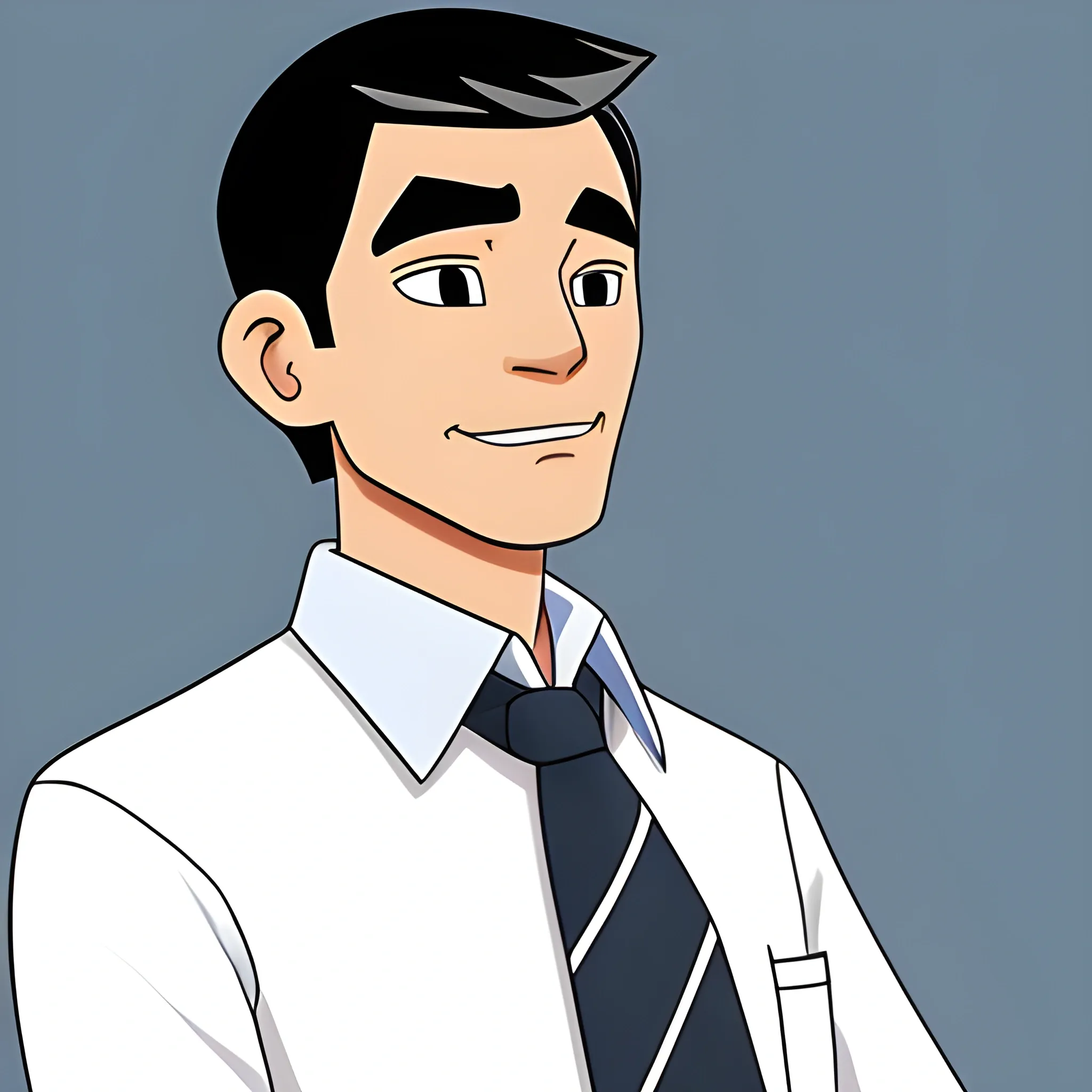 Create a science guy. He's a black-haired slightly-light-brown Filipino. Make him wear just a white long-sleeve buttoned shirt with a striped blue necktie. Cartoon