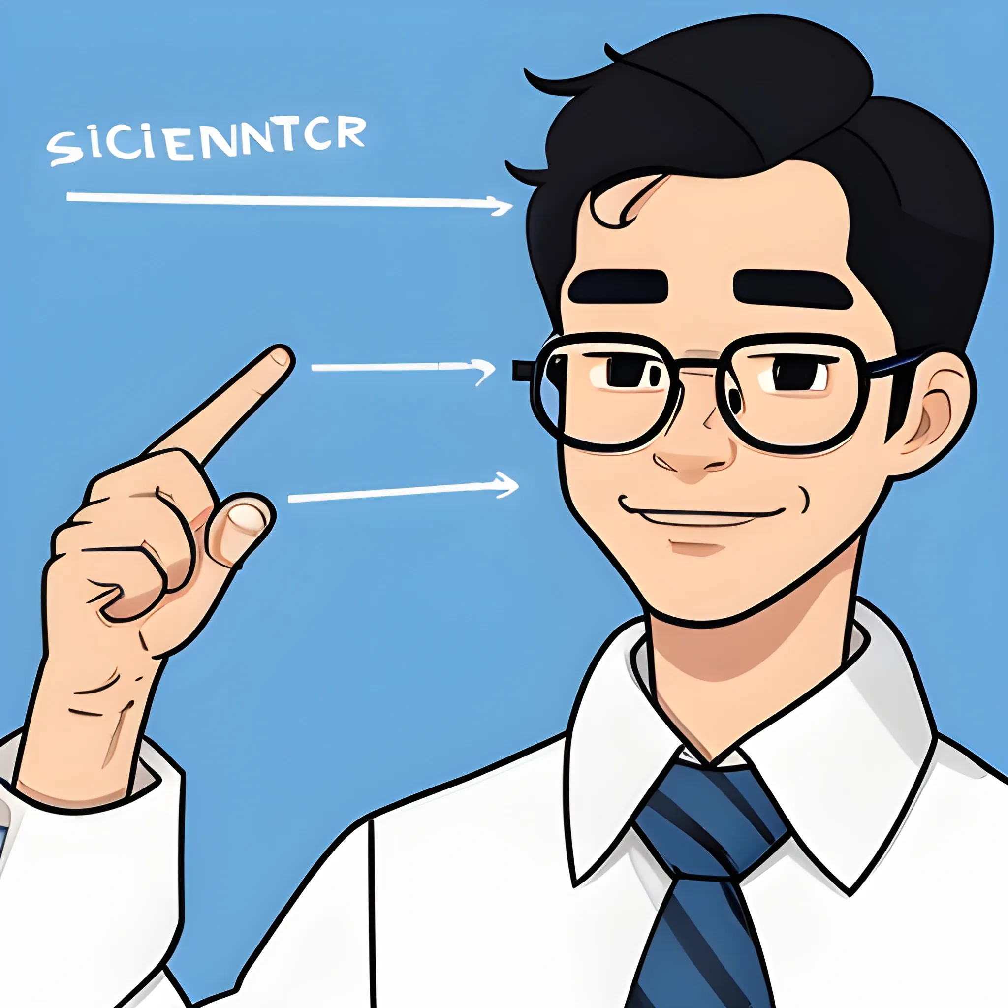 Create a science guy. It's a profile picture for a social influencer-scientist. He's a black-haired slightly-light-brown Filipino. Make him wear a white long-sleeve buttoned shirt with a striped blue necktie. Cartoon