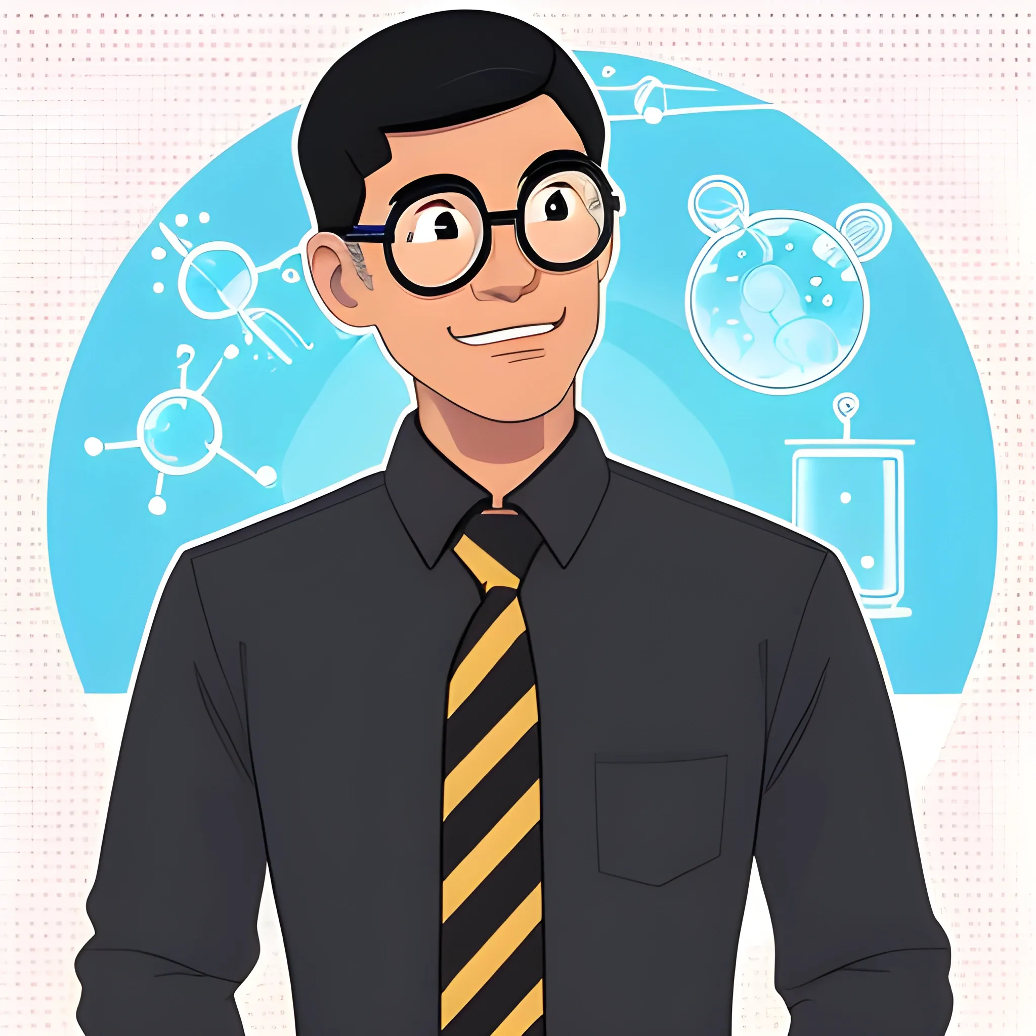 Create a science guy. It's a profile picture for a social influencer-scientist. He's a black-haired slightly-light-brown Filipino. Make him wear a white long-sleeve buttoned shirt with a striped blue necktie. Don't make the background boring. Cartoon