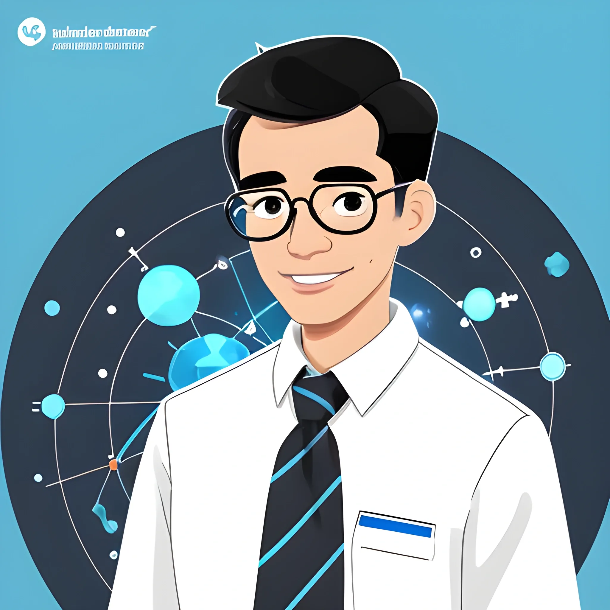 Create a science guy. It's a profile picture for a social influencer-scientist. He's a black-haired slightly-light-brown Filipino. Make him wear a white long-sleeve buttoned shirt with a striped blue necktie. Don't make the background boring. Cartoon