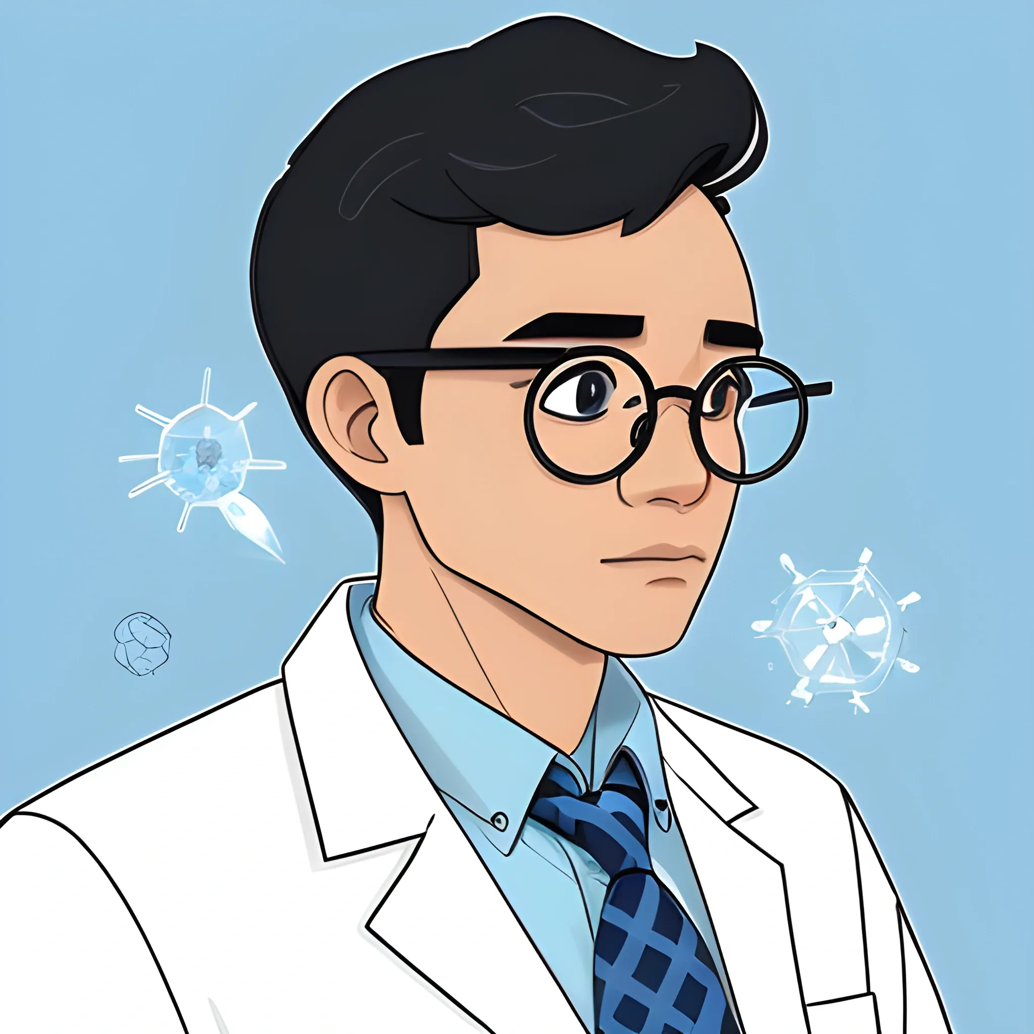 Create a science guy. It's a profile picture for a social influencer-scientist. He's a black-haired slightly-light-brown Filipino. Make him wear a white long-sleeve buttoned shirt with a striped blue necktie. Don't make the background boring, and don't include words. Cartoon