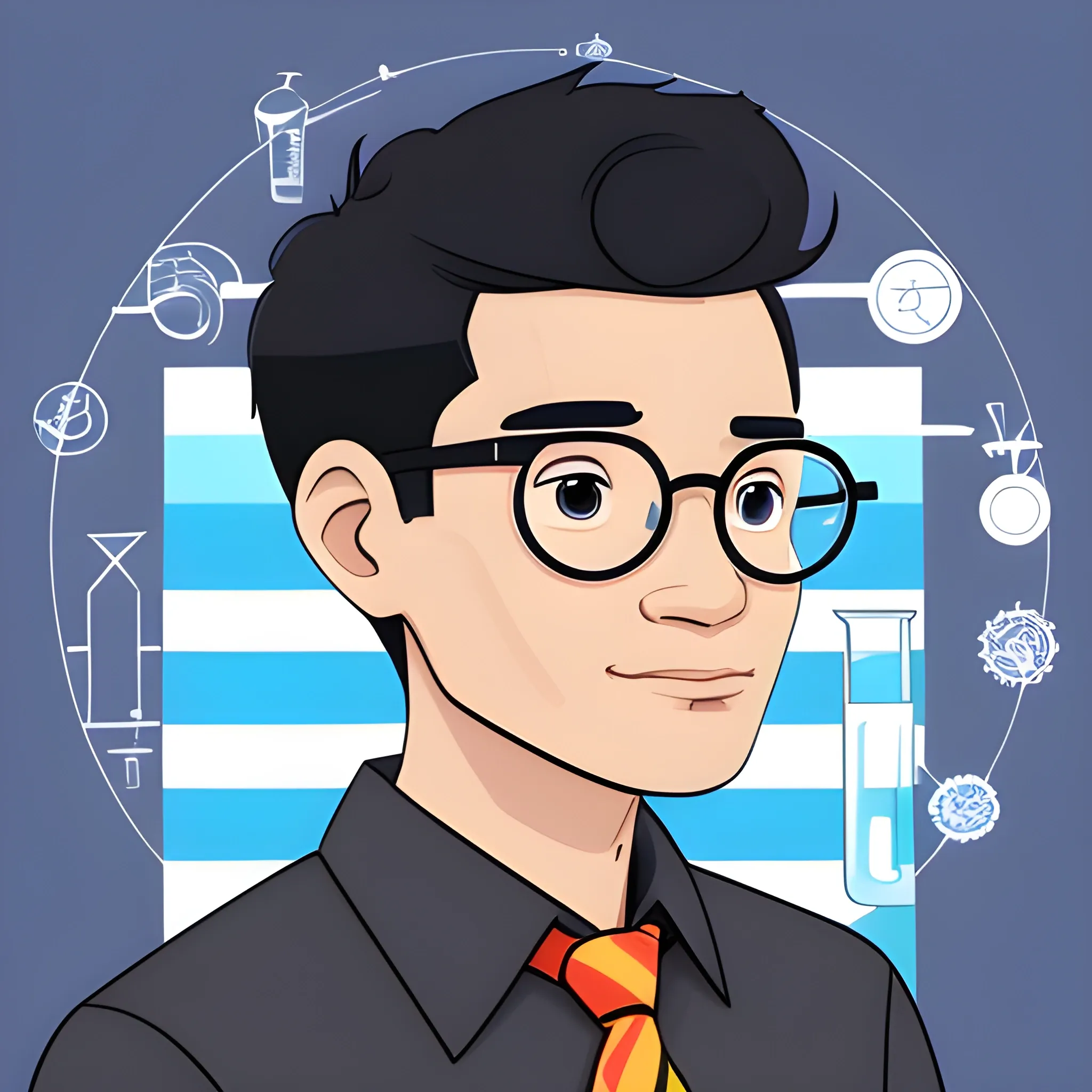 Create a science guy. It's a profile picture for a social influencer-scientist. He's a black-haired slightly-light-brown Filipino. Make him wear a white long-sleeve buttoned shirt with a striped blue necktie. Don't make the background boring, and don't include words. Cartoon