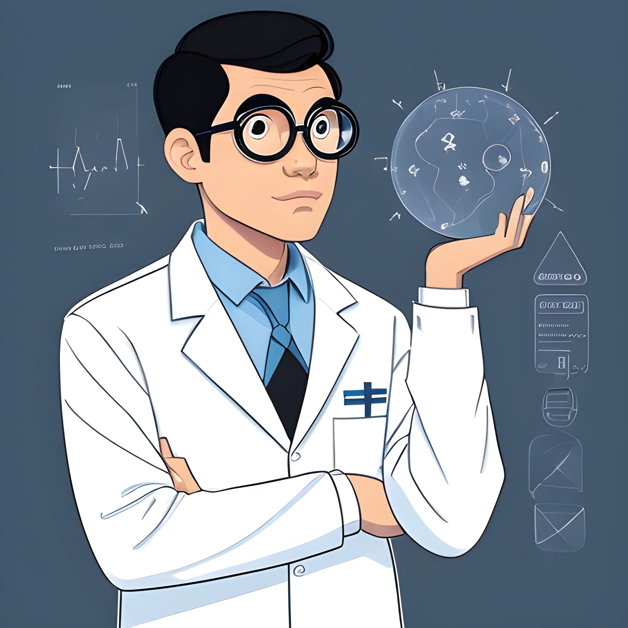 Create a science guy. It's a profile picture for a social influencer-scientist. He's a black-haired slightly-light-brown Filipino. Make him wear a white long-sleeve buttoned shirt with a blue striped necktie. Don't make the background boring, and don't include words. Cartoon