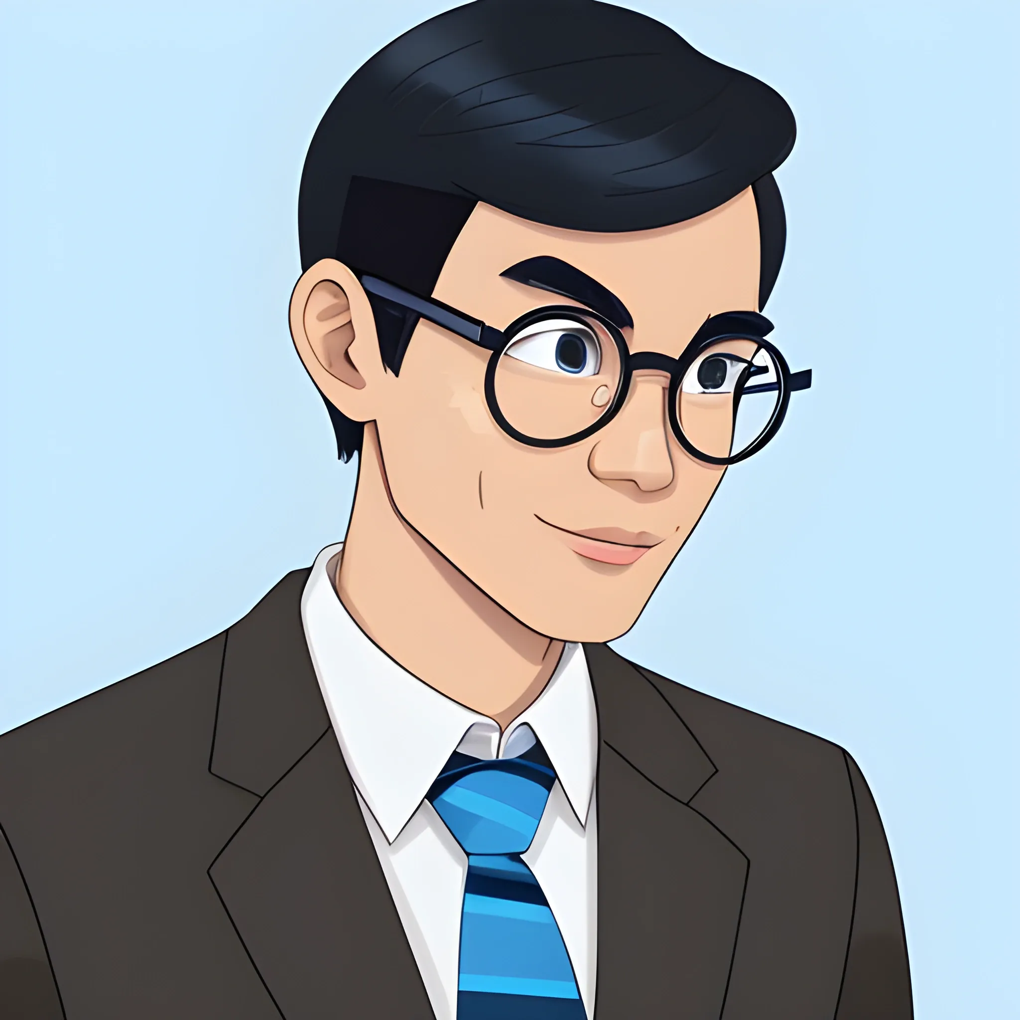 Create a science guy. It's a profile picture for a social influencer-scientist. He's a black-haired slightly-light-brown Filipino. Make him wear a white long-sleeve buttoned shirt with a blue striped necktie. Don't make the background boring. Cartoon.