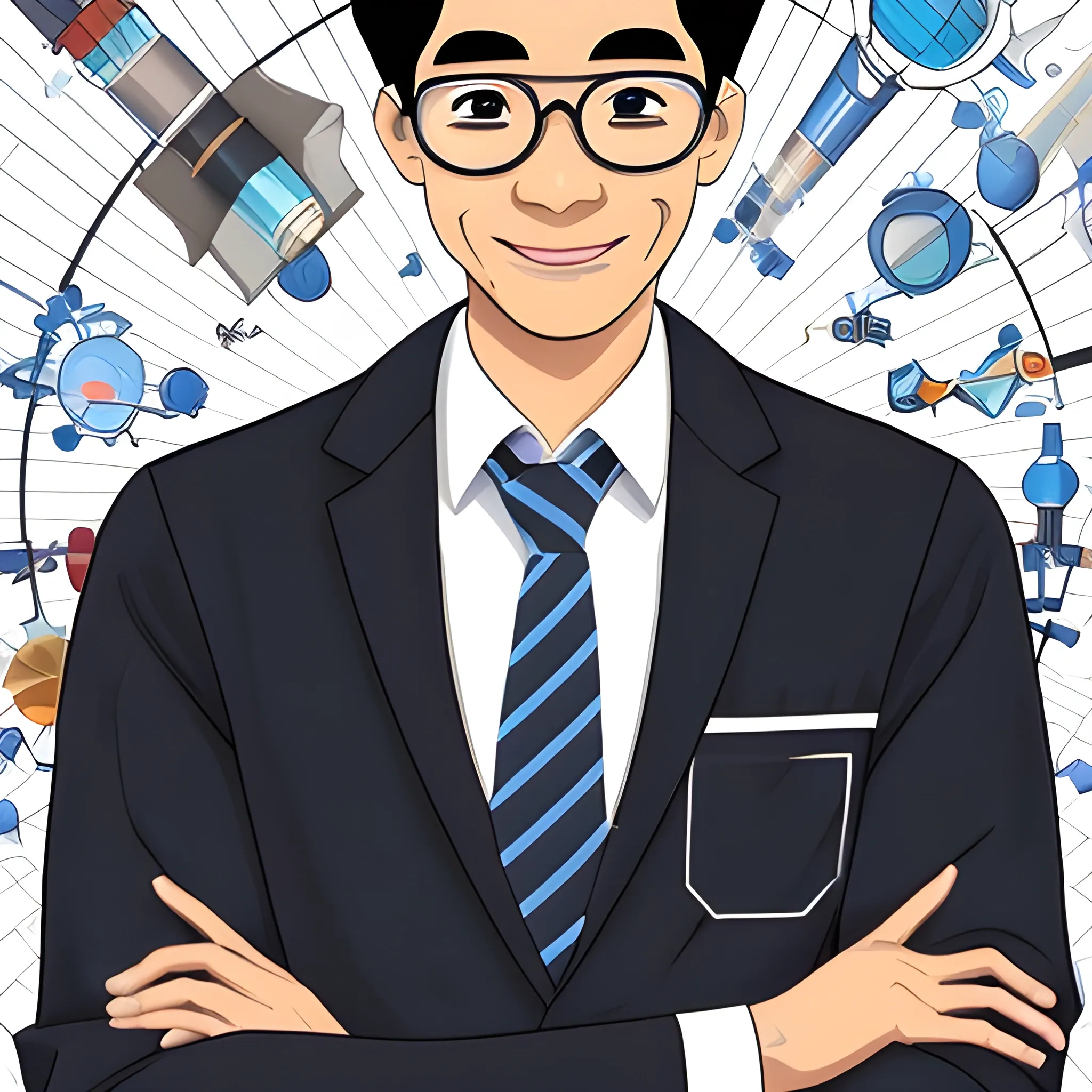 Create a science guy. It's a profile picture for a social influencer-scientist. He's a black-haired slightly-light-brown Filipino. Make him wear a white long-sleeve buttoned shirt with a blue striped necktie. Don't make the background boring. Cartoon.