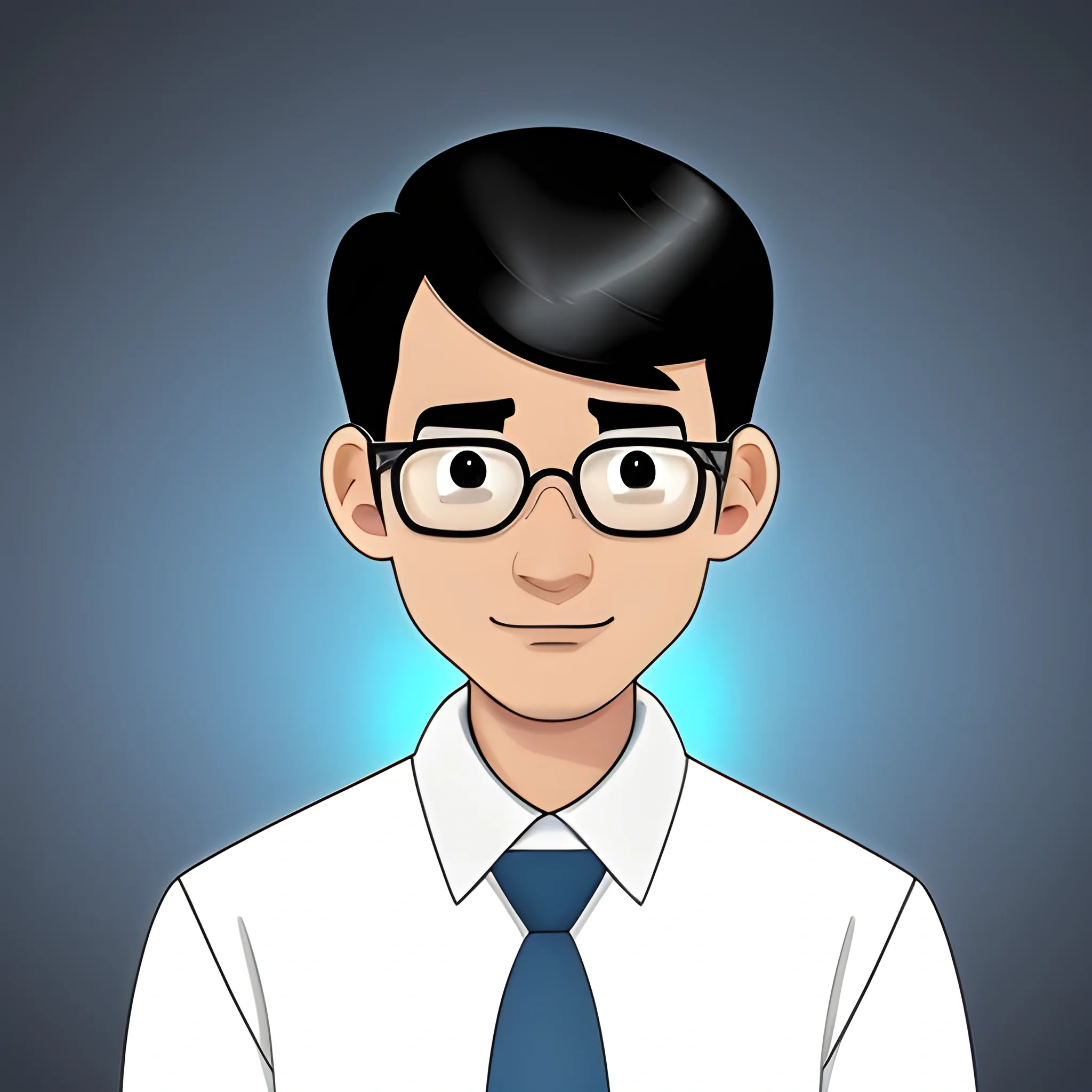 Create a science guy. It's a profile picture for a social influencer-scientist. He's a black-haired slightly-light-brown Filipino. Make him wear a white long-sleeve buttoned shirt with a blue striped necktie. Don't make the background boring and don't make the character look weird. Cartoon.