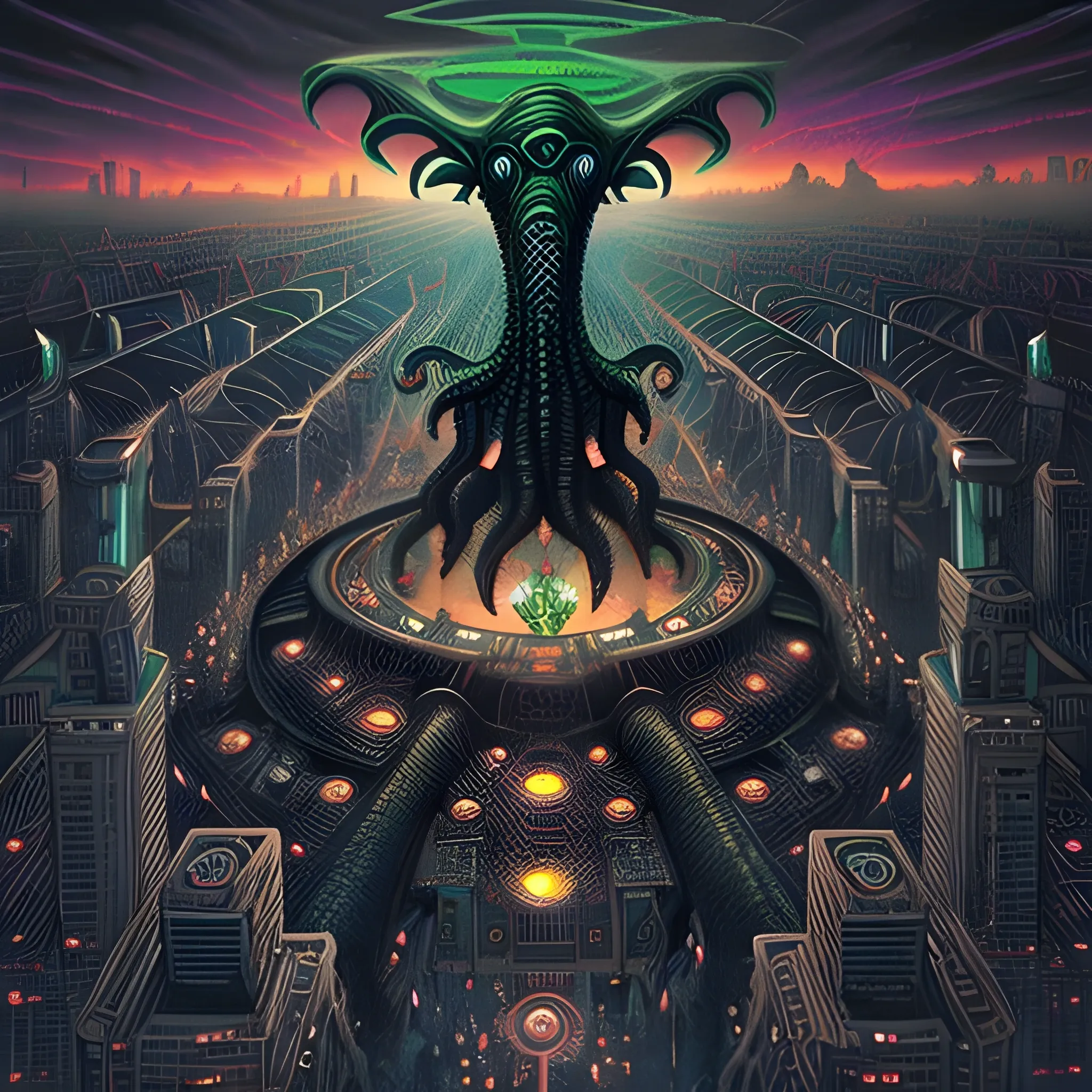 Drone view, Mandatory Staff Meeting with the Ominous Black Cthulhu mythos, Dark night in city, detailed, images close to the thematic core of dark art, sci-fi fantasy, surreal, weird, John Stephens art style,