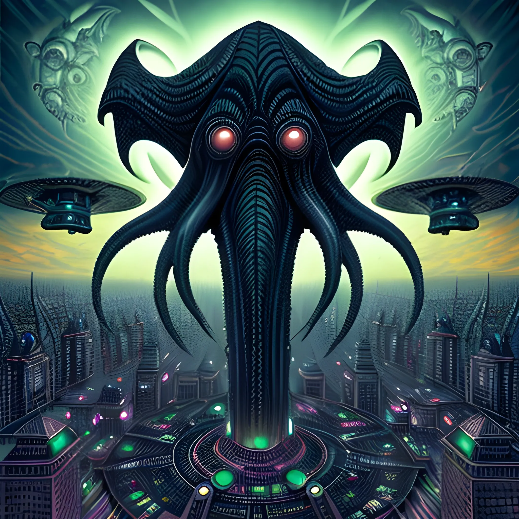 Drone view, Mandatory Staff Meeting with the Ominous Black Cthulhu mythos, Dark night in city, detailed, images close to the thematic core of dark art, sci-fi fantasy, surreal, weird, John Stephens art style, Trippy