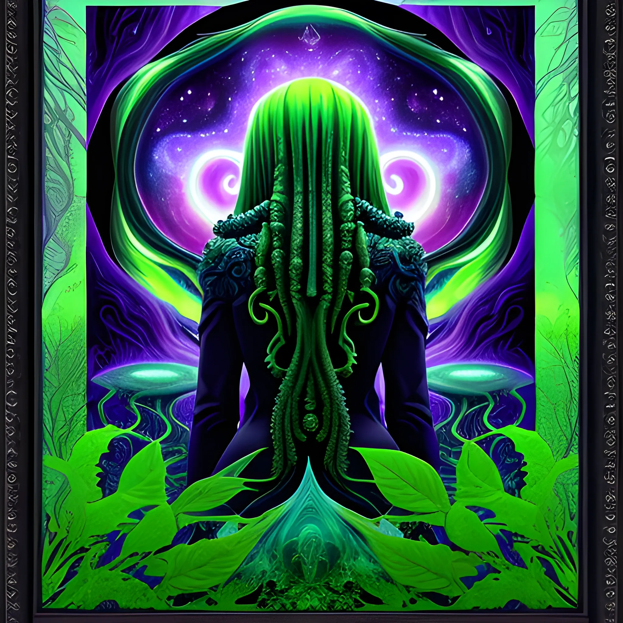 Auroral Dreamscape: Black Cthulhu mythos under the soft glow of aurora-inspired hues - pea green, green gold, and gava blue. Her backside is framed by lush foliage.The dreamlike quality is enhanced by the subtle fusion of reality and fantasy, Trippy