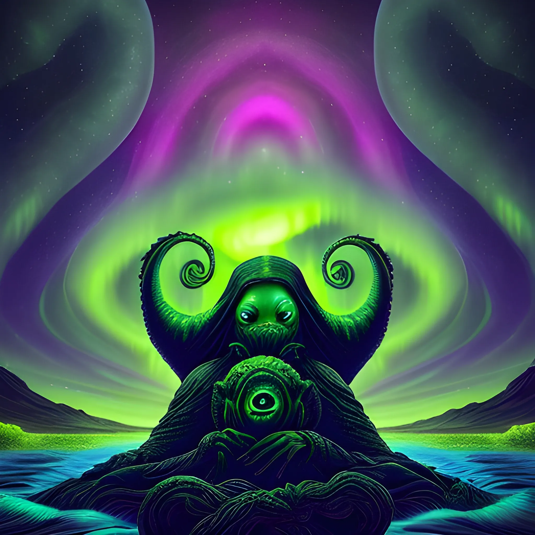 Auroral Dreamscape: Black Cthulhu mythos under the soft glow of aurora-inspired hues - pea green, green gold, and gava blue. The dreamlike quality is enhanced by the subtle fusion of reality and fantasy, Trippy