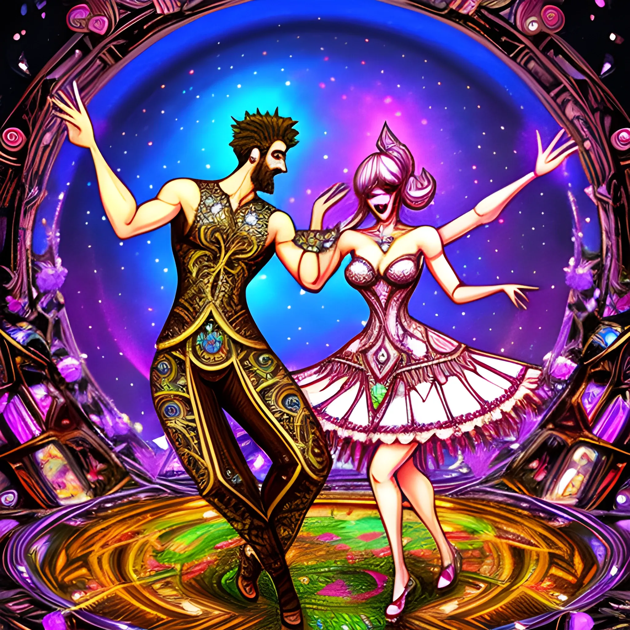 A young couple in a dress made out of Tera cards dancing, in the background are There cards, detailed cards, modern art, highly detailed digital art, a detailed drawing, Trippy