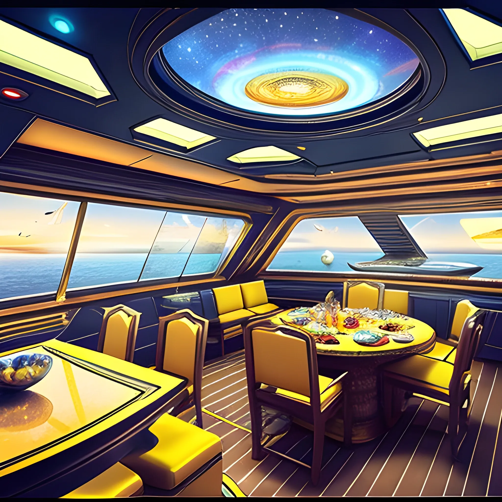 Futuristic concept art featuring a colossal starship composed of giant gold 1974 Winnebago, protected by a translucent diamond shield offering a star-and-galaxy spectacle, influenced by Larry Niven's imagination and Leonardo Da Vinci's style, symmetrical architecture on display, interiors visible with families engaged in leisure activities on open deck spaces adorned with chairs, dining tables, vivid use of colors, exquisite details, grilling & other cooking equipment. 