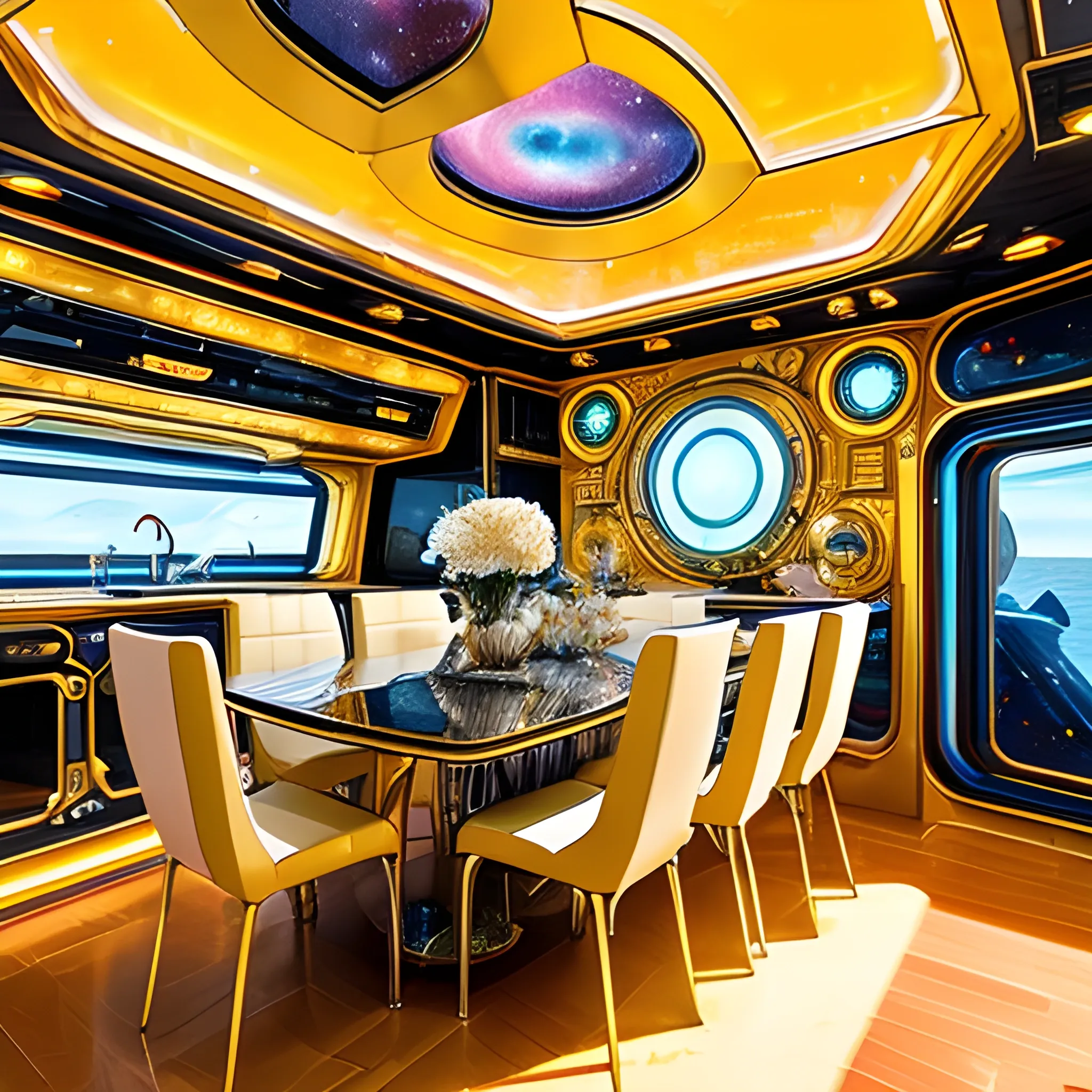 Futuristic concept art featuring a colossal starship composed of giant gold 1974 Winnebago, protected by a translucent diamond shield offering a star-and-galaxy spectacle, influenced by Larry Niven's imagination and Leonardo Da Vinci's style, symmetrical architecture on display, interiors visible with families engaged in leisure activities on open deck spaces adorned with chairs, dining tables, vivid use of colors, exquisite details, grilling & other cooking equipment. Futuristic concept art featuring a colossal starship composed of giant gold 1974 Winnebago, protected by a translucent diamond shield offering a star-and-galaxy spectacle, influenced by Larry Niven's imagination and Leonardo Da Vinci's style, symmetrical architecture on display, interiors visible with families engaged in leisure activities on open deck spaces adorned with chairs, dining tables, vivid use of colors, exquisite details, grilling & other cooking equipment. 