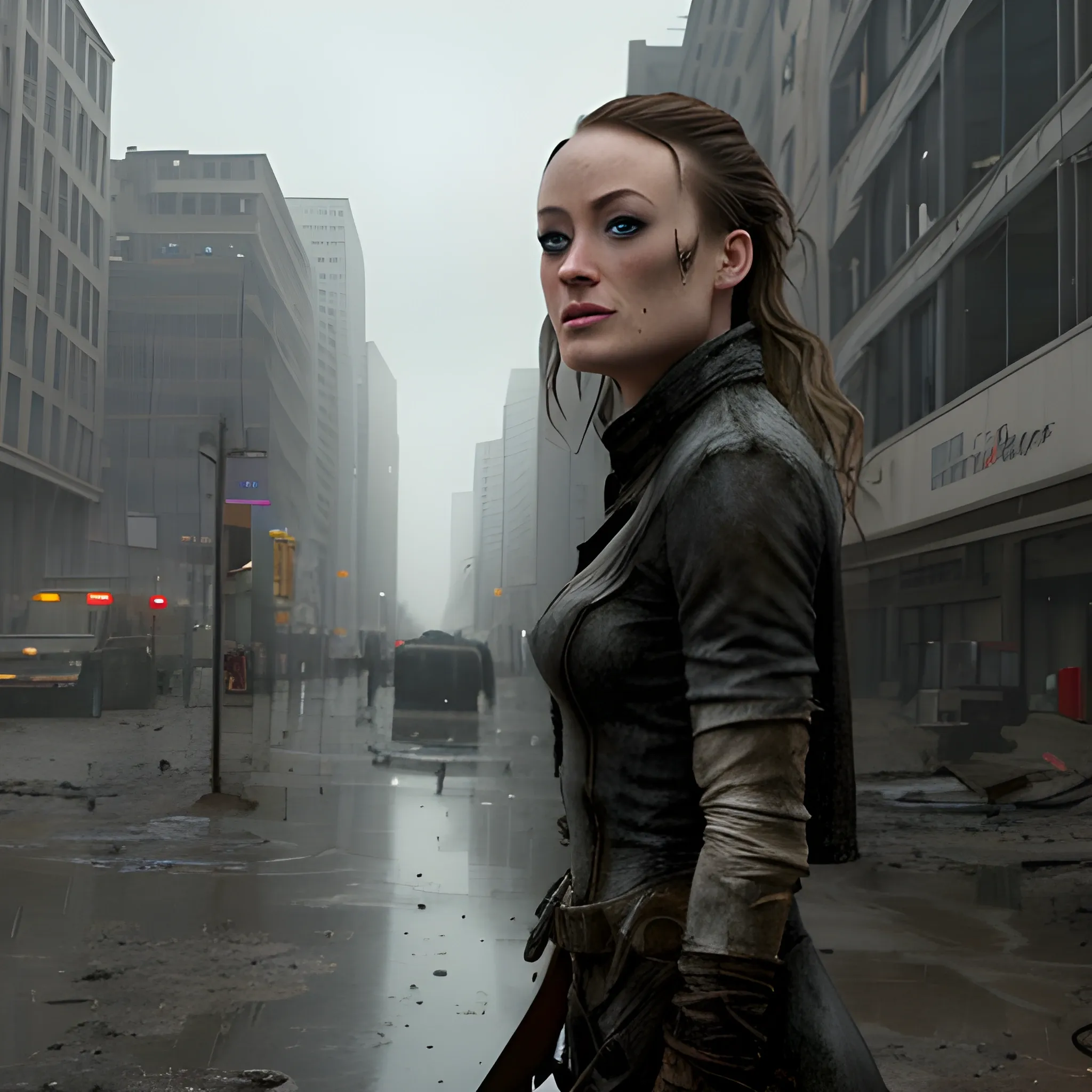 olivia Wilde  Realistic 4K 8K rainy dark Decimated city Post apocalyptic getting Dressed