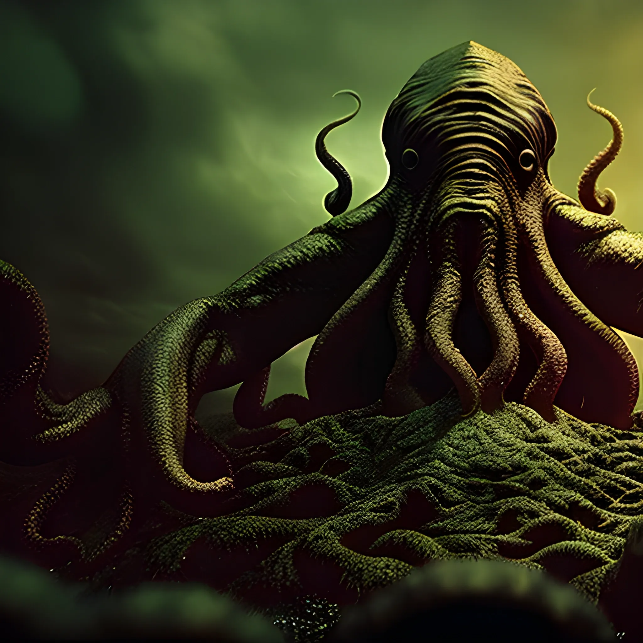 A film still of Cthulhu. fantasy, providing assistance, prores, muted color grading, grit, set in 1890, Trippy