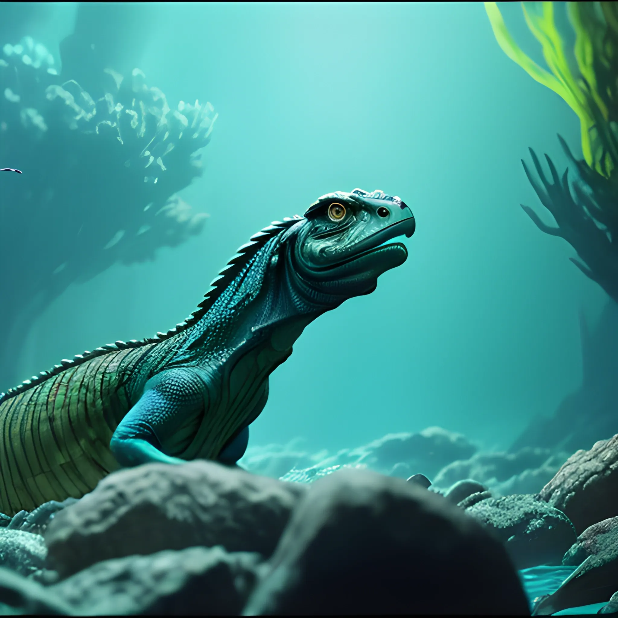 A Image still of a basilisk, facing betrayal, anamorphic, vibrant color grading, underwater shot, set in 2023