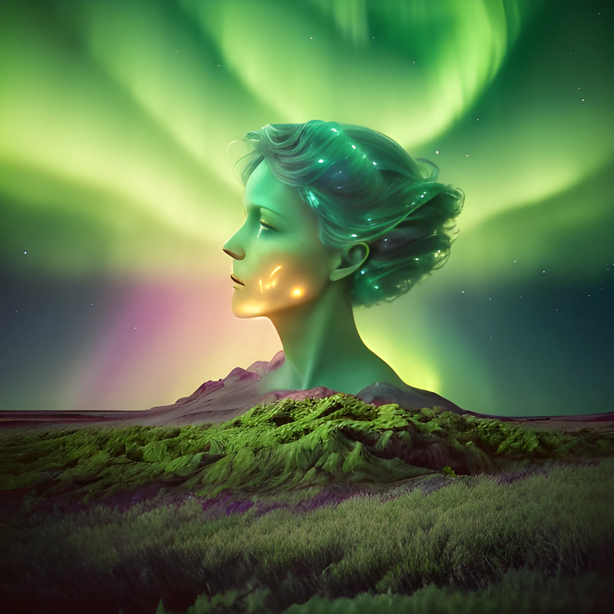 Auroral Dreamscape: A Image still of an elemental being, having a conflict, cinematic, warm-toned color grading, vignetting, under the soft glow of aurora-inspired hues - pea green, green gold, and gava blue. The dreamlike quality is enhanced by the subtle fusion of reality, set in 1937