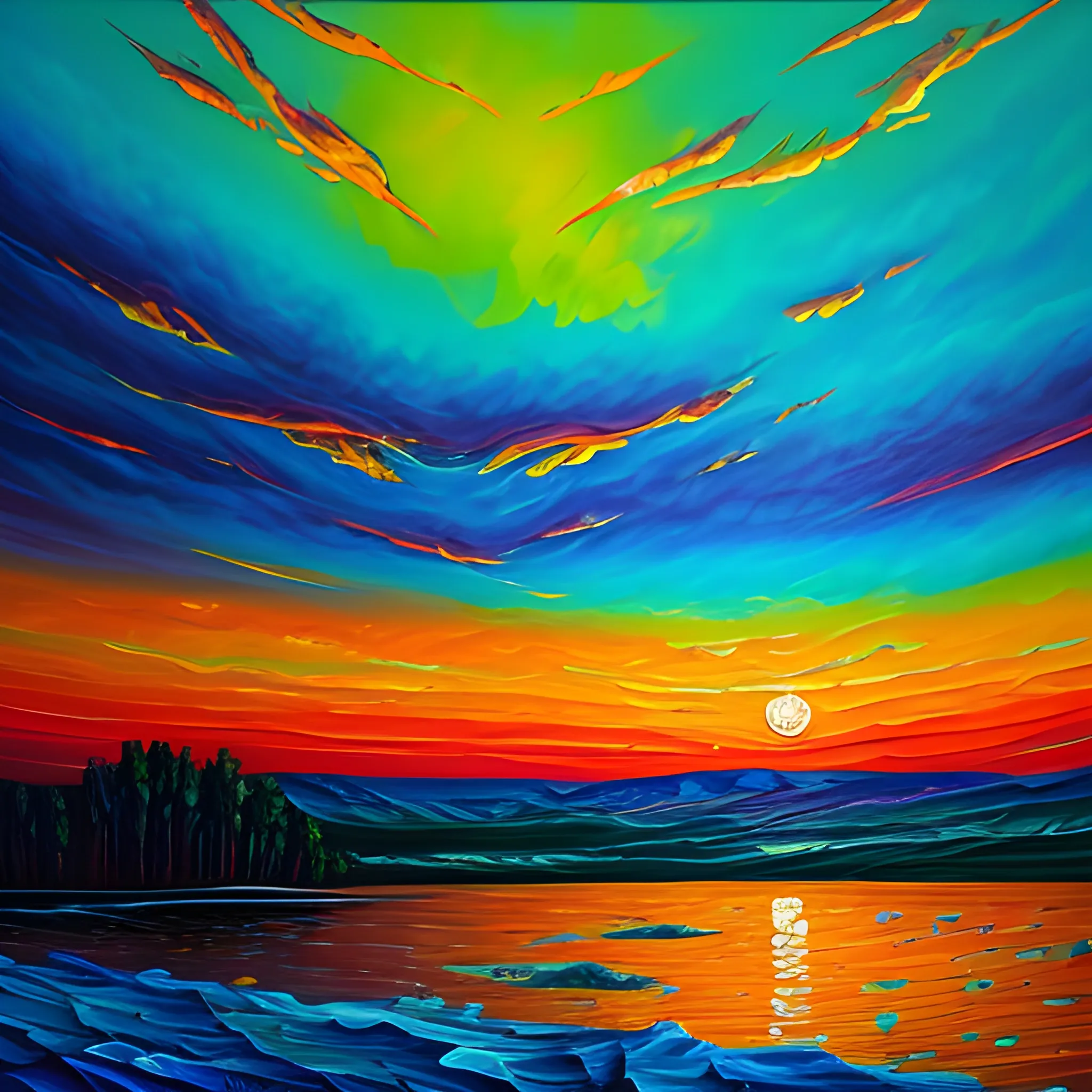 Sunset landscape painting, oil painting style, Trippy