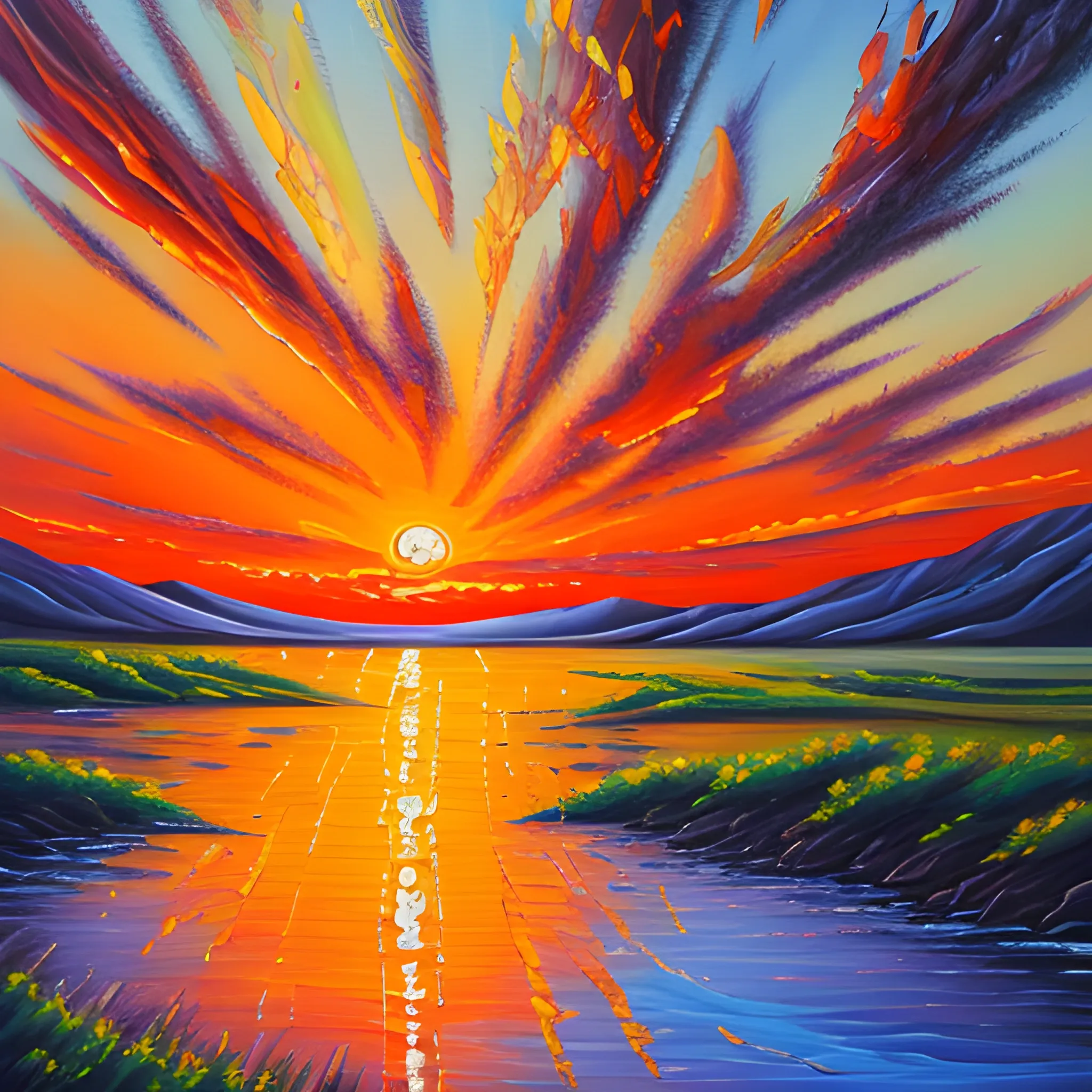 Sunset landscape painting, oil painting style, Oil Painting