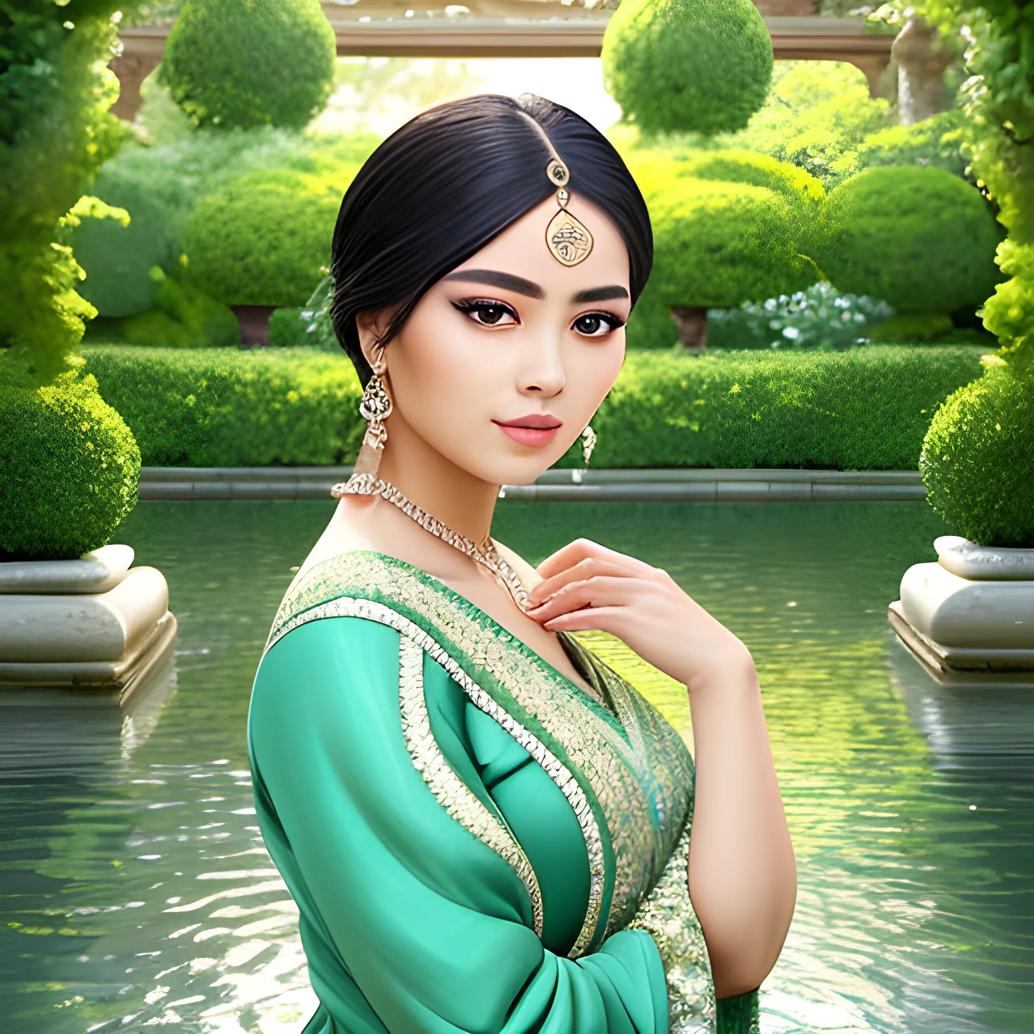 Amidst the serene backdrop of a traditional garden, she exudes a captivating blend of elegance and allure, her eyes reflecting the tranquil waters behind her