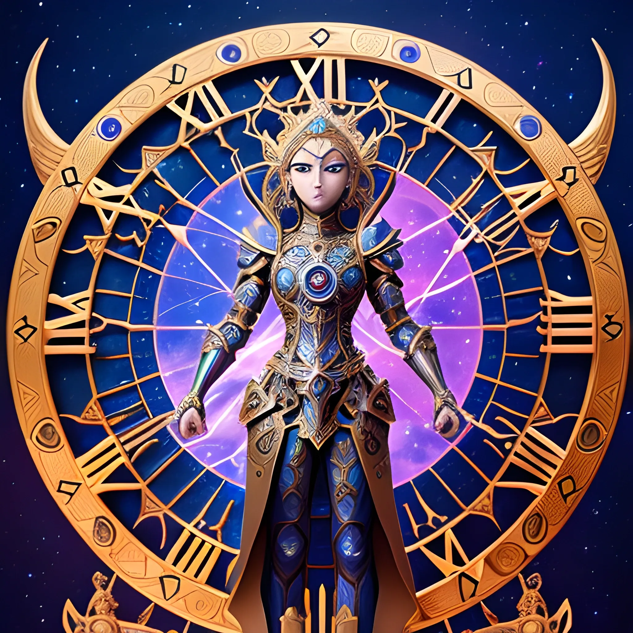 Guardian of the Cosmic Clock, she stands as a sentinel of time, her armor a fusion of celestial energy and ancient craftsmanship, embodying the balance between chaos and order.