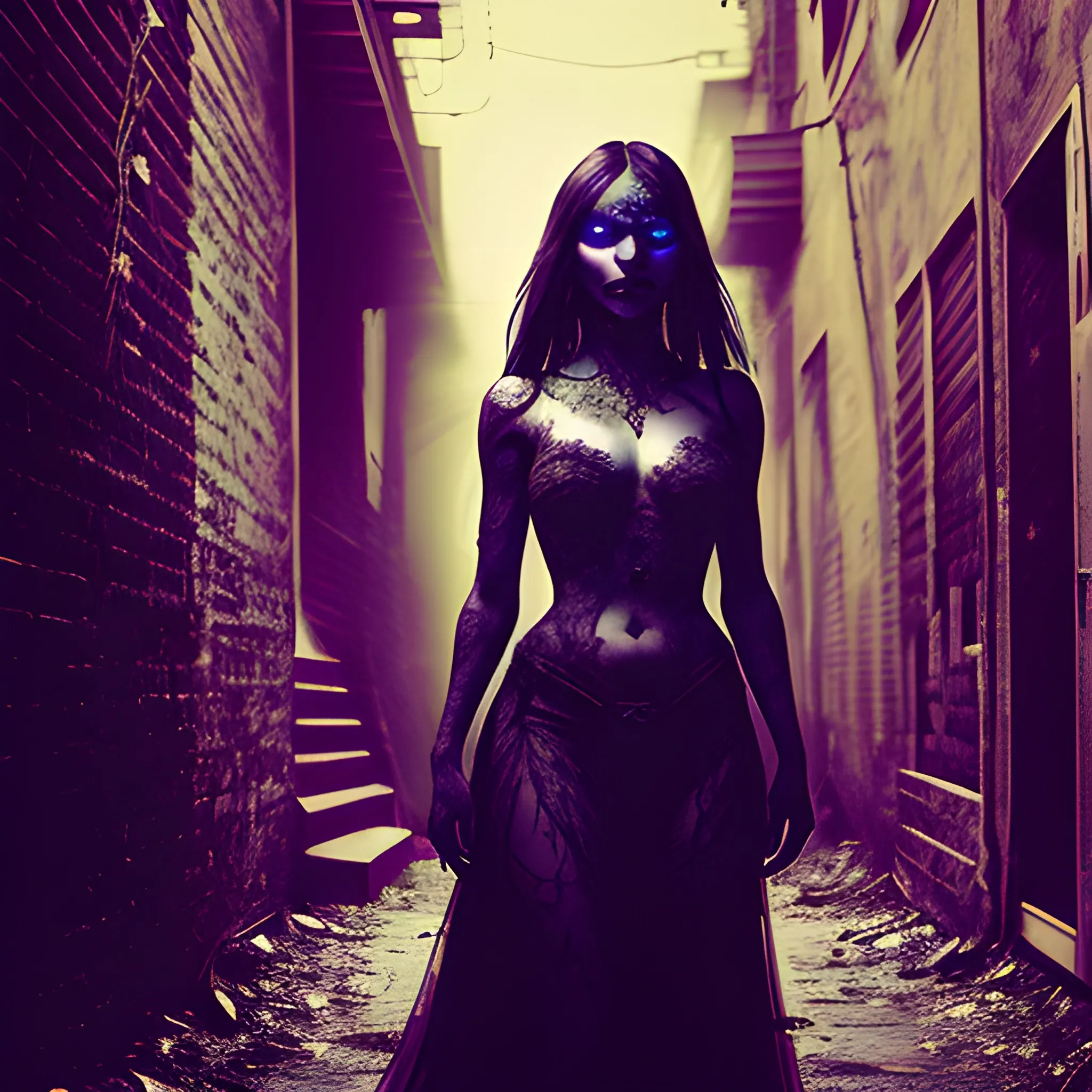 Amidst the shadows of a forgotten alley, she stands as a fierce guardian of the night, her ethereal beauty and dark allure captivating all who dare to cross her path, Trippy