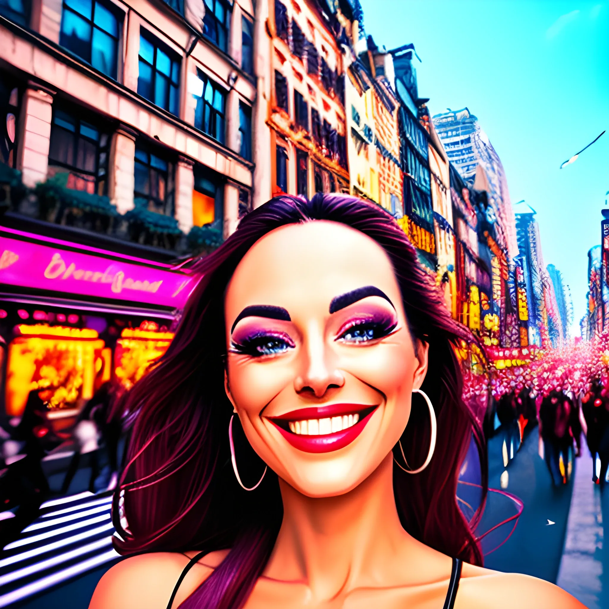 Amid the bustling city streets, her radiant smile and sparkling eyes bring a touch of warmth and charm, capturing the essence of youthful exuberance and the beauty of everyday moments, Trippy