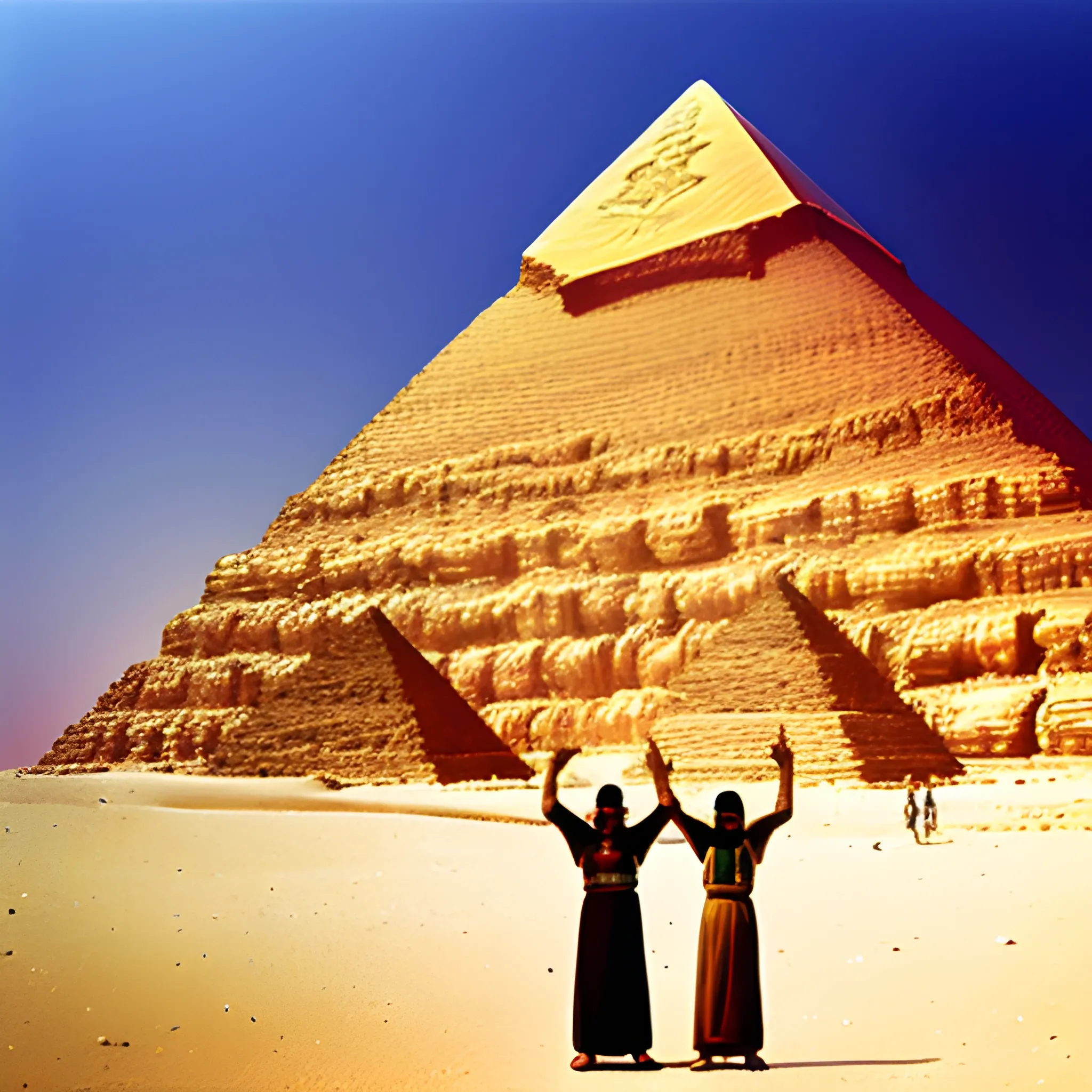 an Egyptian pyramid with sunglasses, people worshiping the pyramid