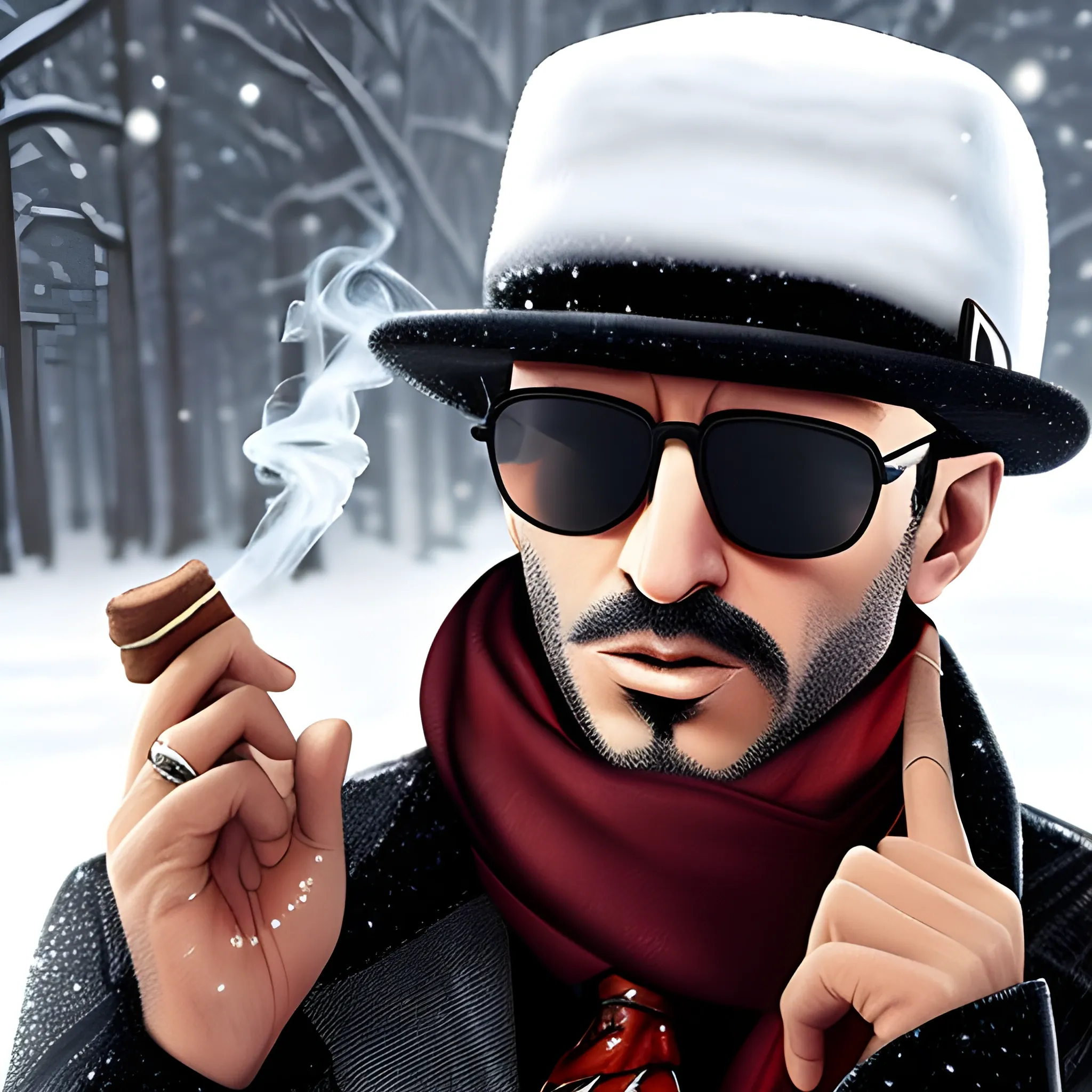 mafia, gangster with sunglasses and a hat, smoking a cigar, wearing a cap and scarf, in the snow