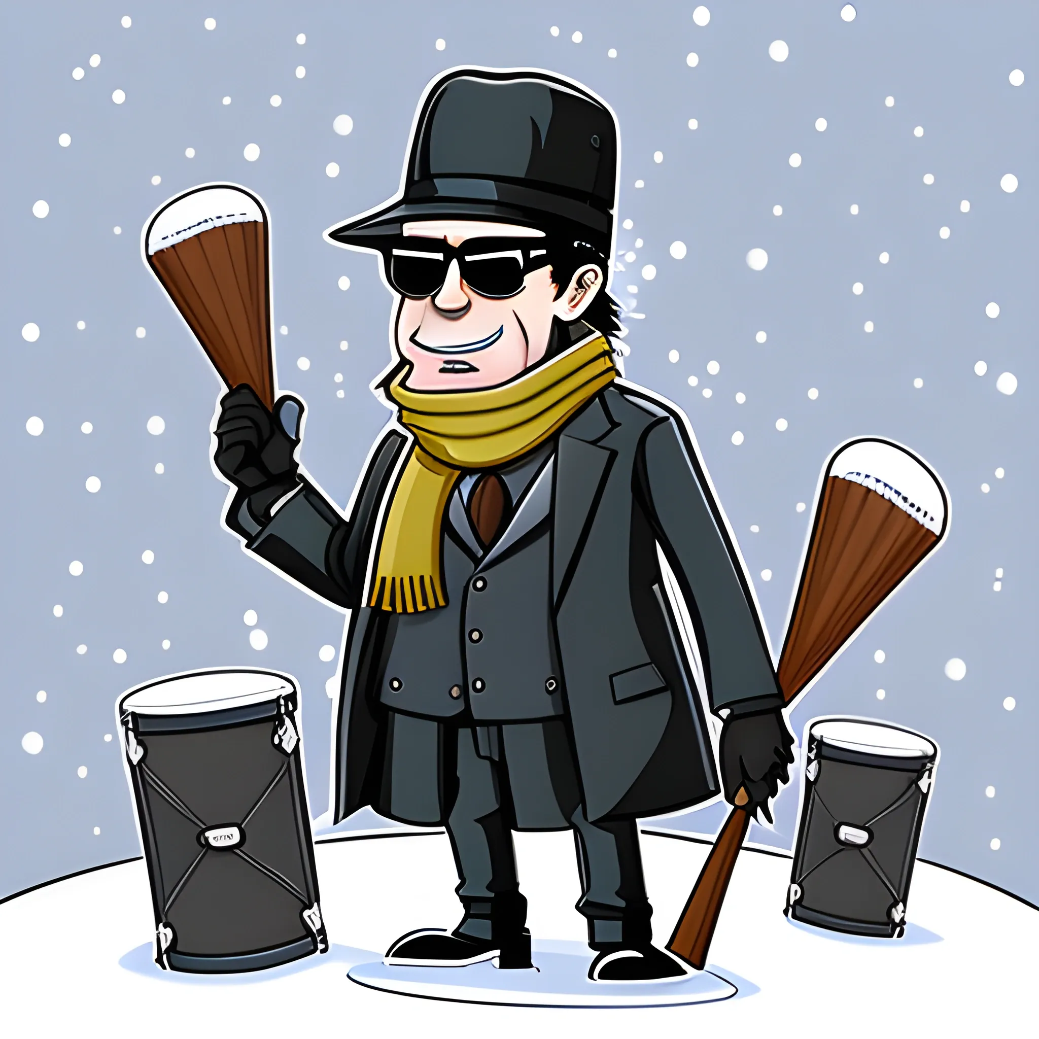 mafia, gangster with sunglasses and a fedora, holding some drumsticks, wearing a cap and scarf, in the snow, cartoon