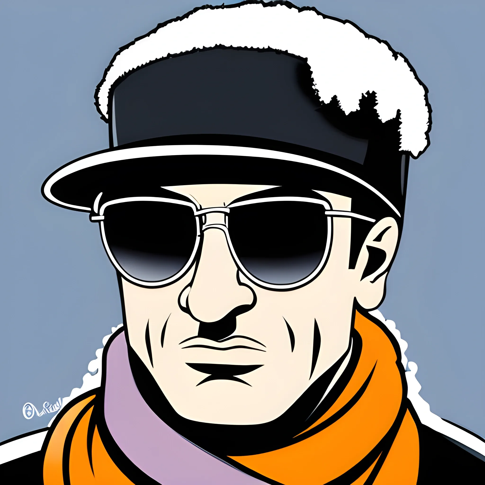 mafia, gangster with sunglasses and a mafia hat, holding a guitar, wearing a cap and scarf, in the snow, cartoon.