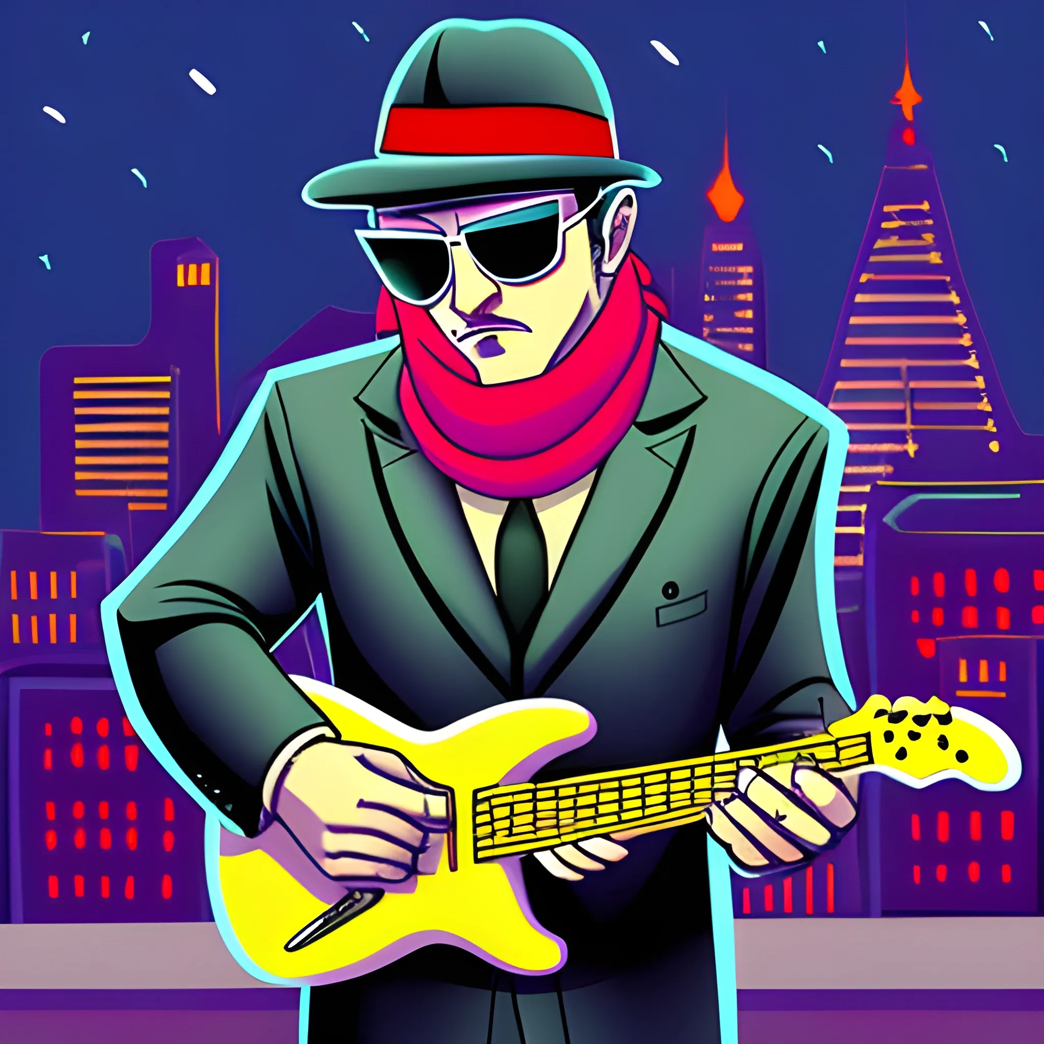 mafia, gangster with sunglasses and a mafia hat, holding an electric guitar, with cap and scarf, in the city at night, cartoon.