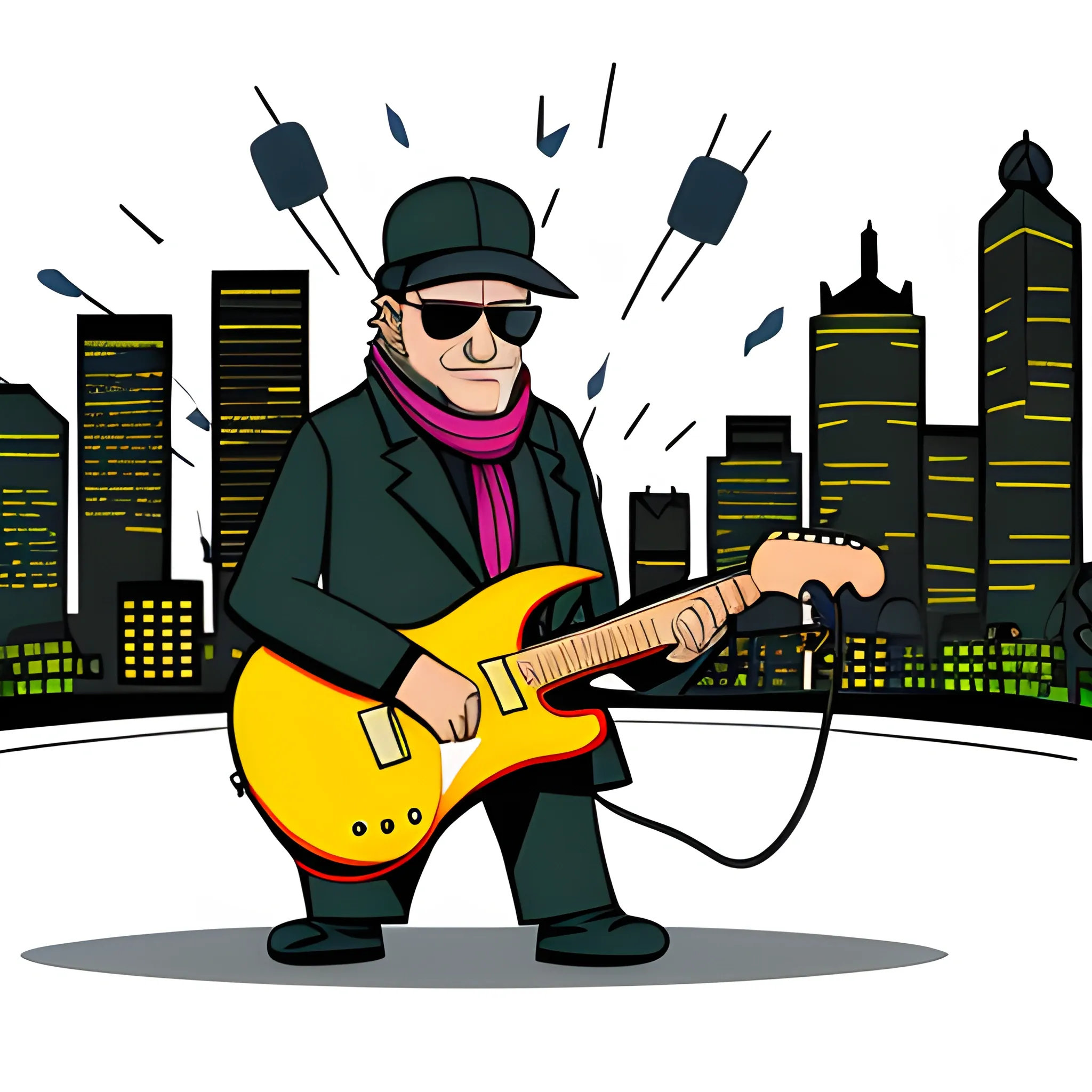 60 year old man, gangster with sunglasses and a mafia hat, holding an electric guitar, wearing a cap and scarf, in the city at night, cartoon.