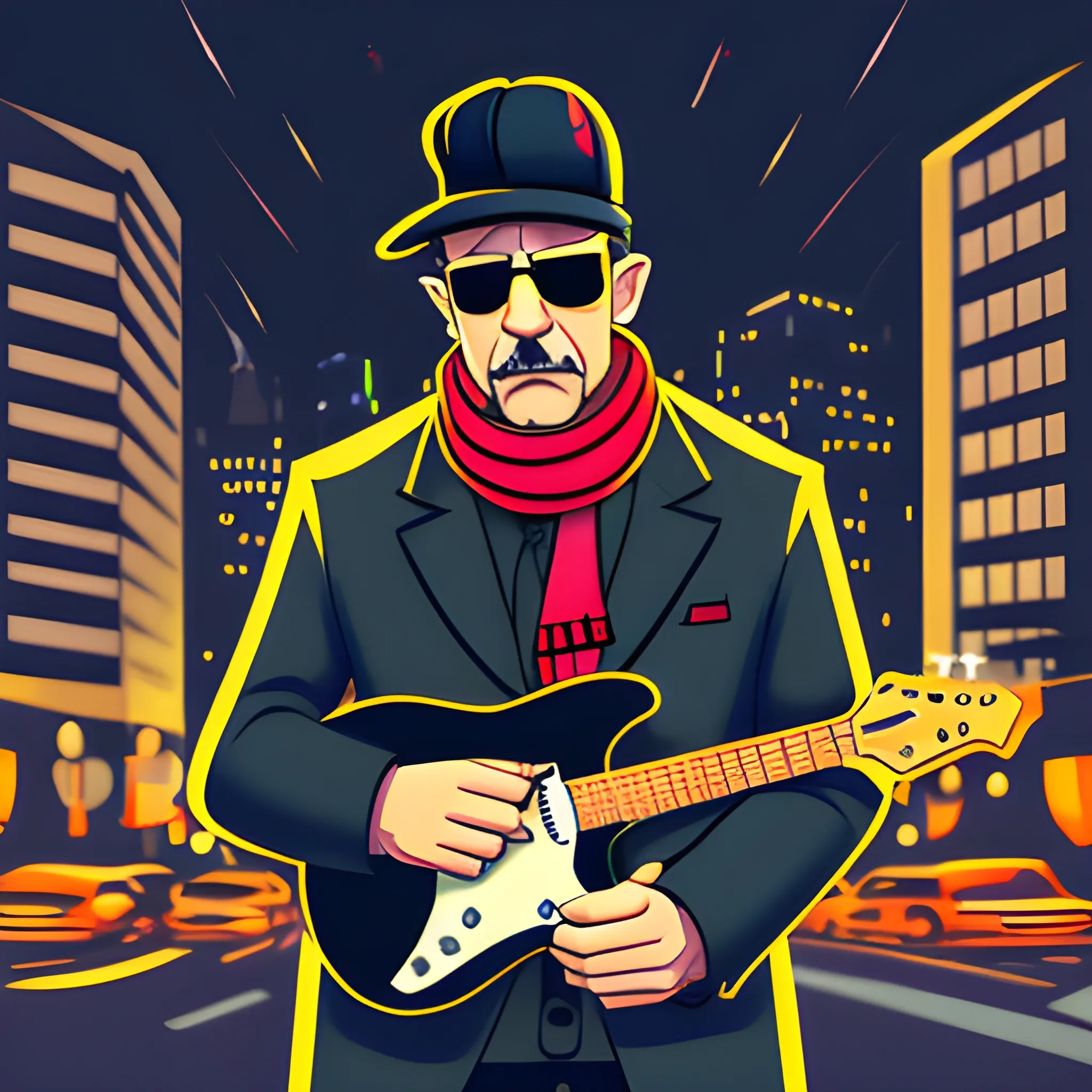 50 year old man, gangster with sunglasses and a mafia hat, holding an electric guitar, wearing a cap and scarf, in the city at night, cartoon.