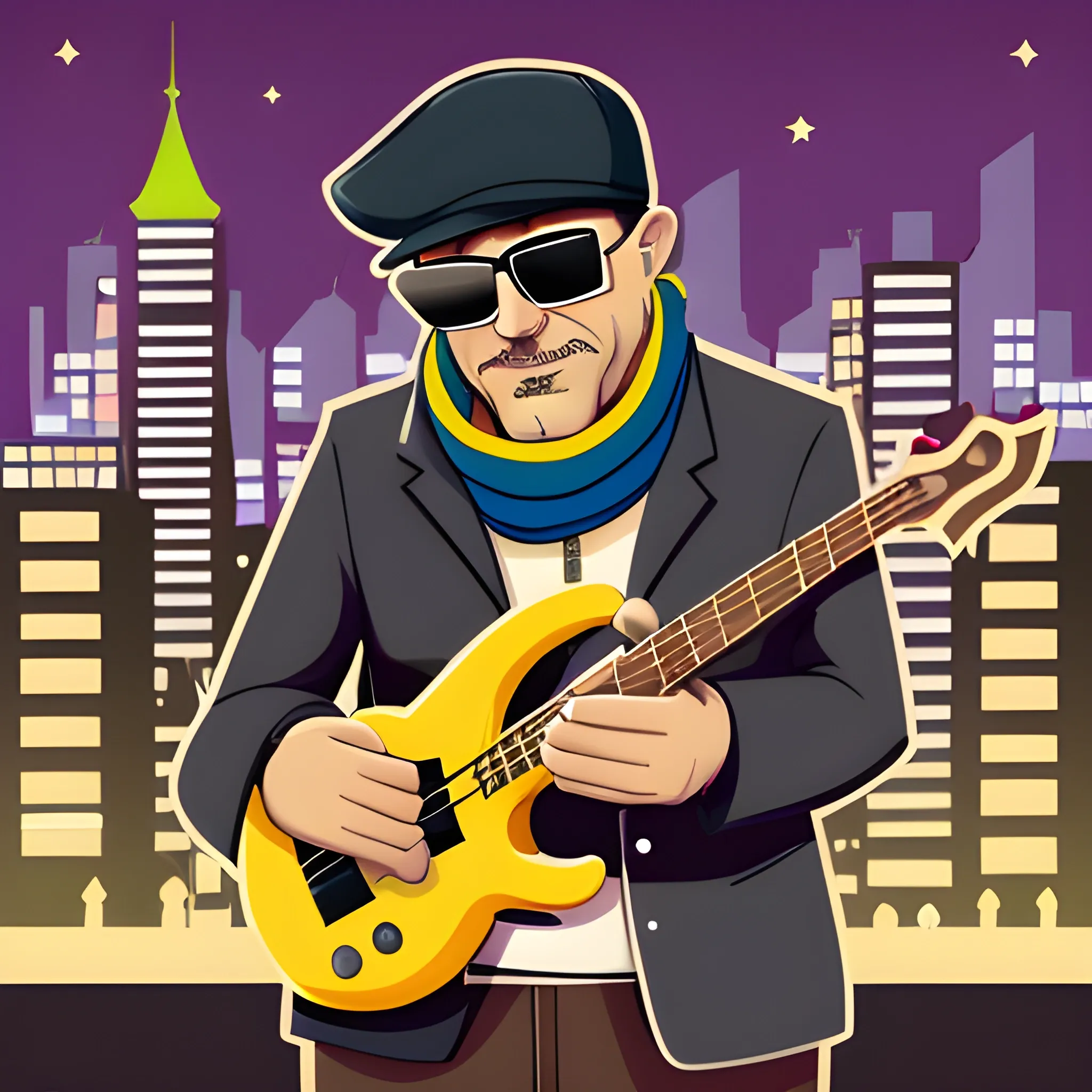 50 year old man, gangster with sunglasses and a gangster hat, playing a bass, wearing a cap and scarf, in the city at night, cartoon.