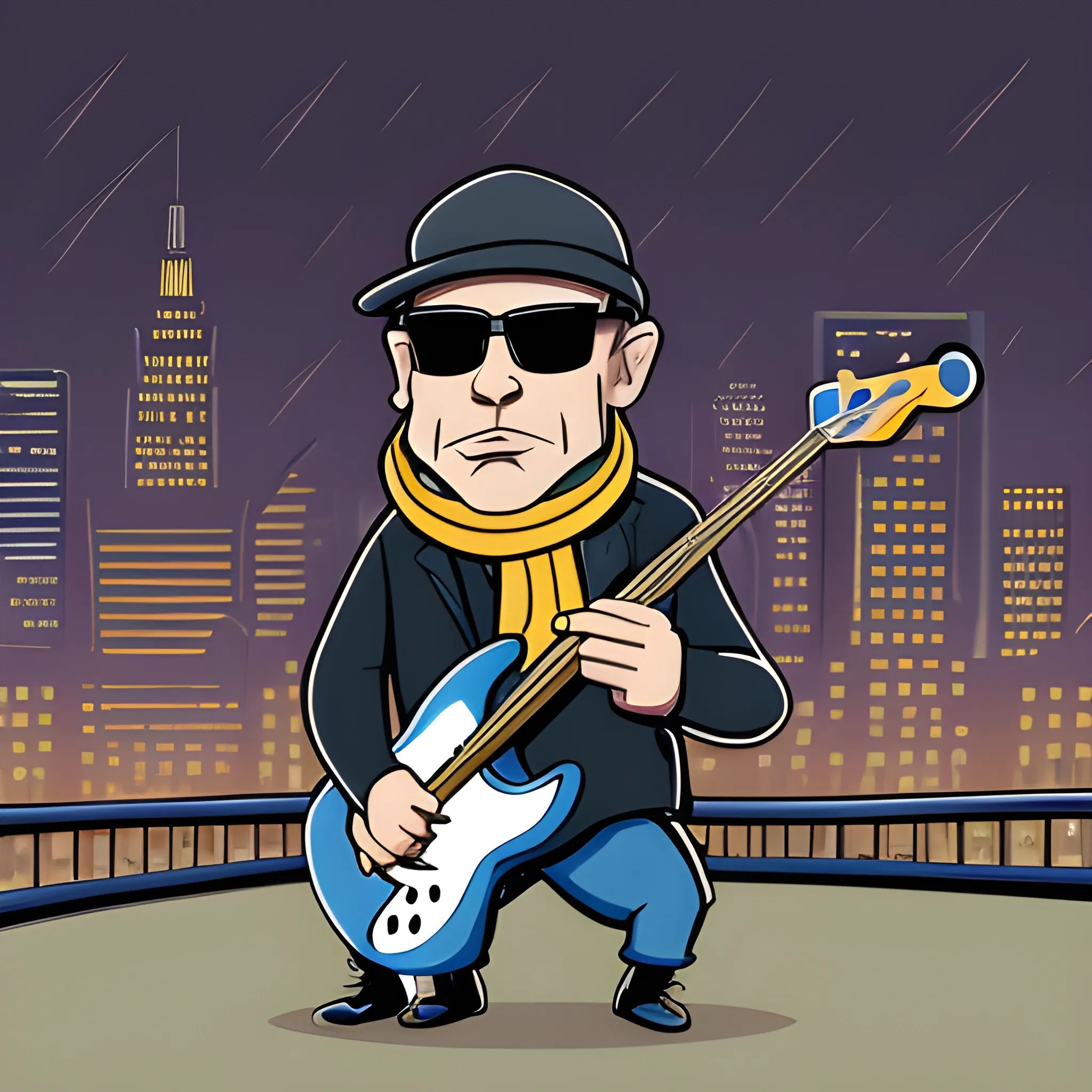 50 year old man, gangster with sunglasses and a gangster hat, playing a bass, wearing a cap and scarf, in the city at night, cartoon.