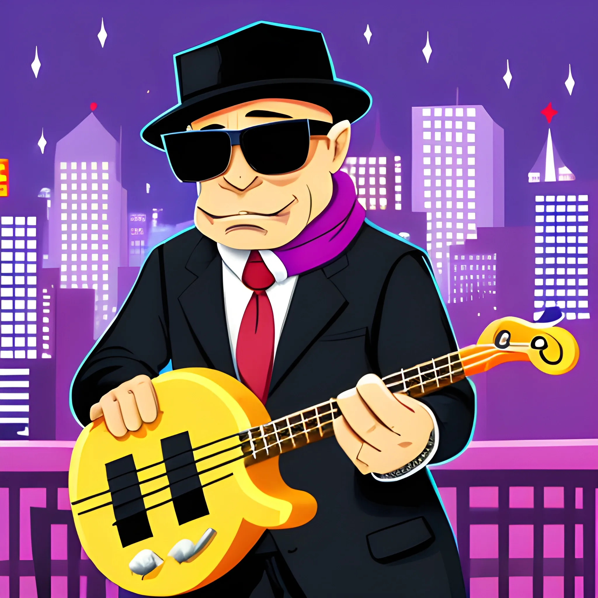 50 year old man, gangster with sunglasses and a gangster hat, playing a bass, wearing a suit and scarf, in the city at night, cartoon.