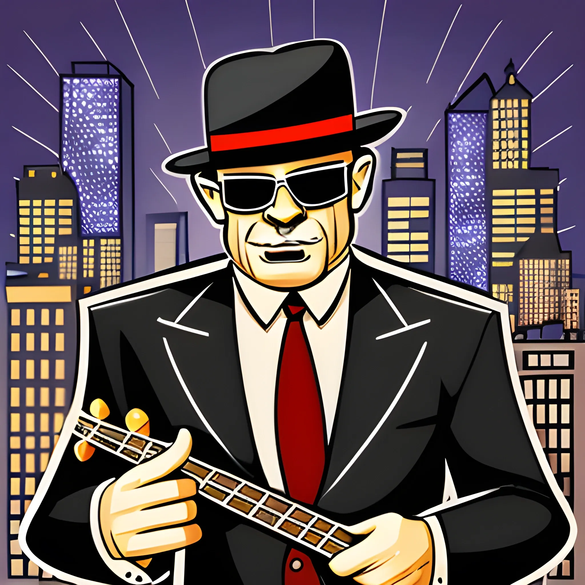 50 year old man, gangster with sunglasses and a mafia hat, playing a bass, wearing a suit and scarf, in the city at night, vintage cartoon.