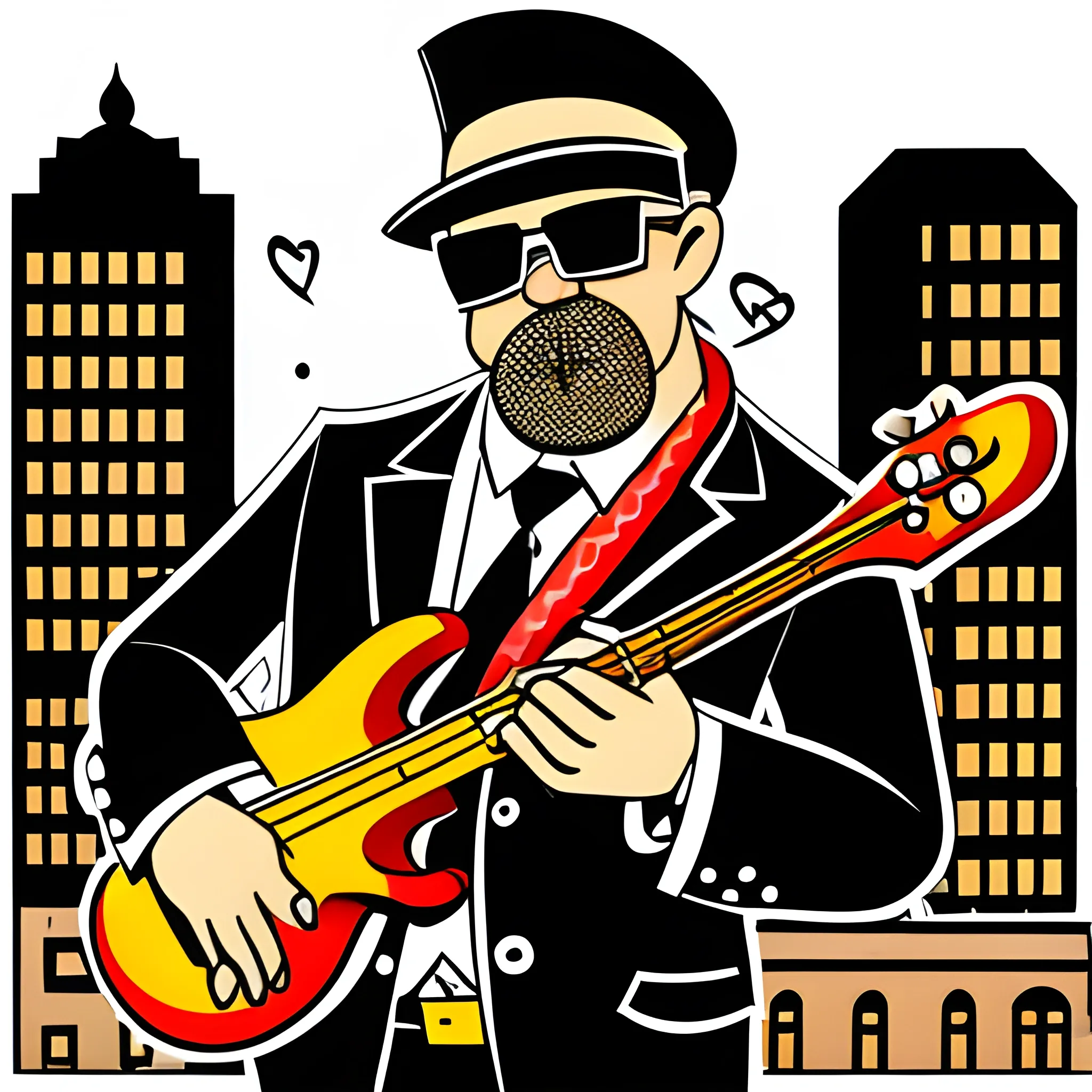 50 year old man, gangster with sunglasses and a mafia hat, playing a bass, wearing a suit and scarf, in the city at night, vintage cartoon.