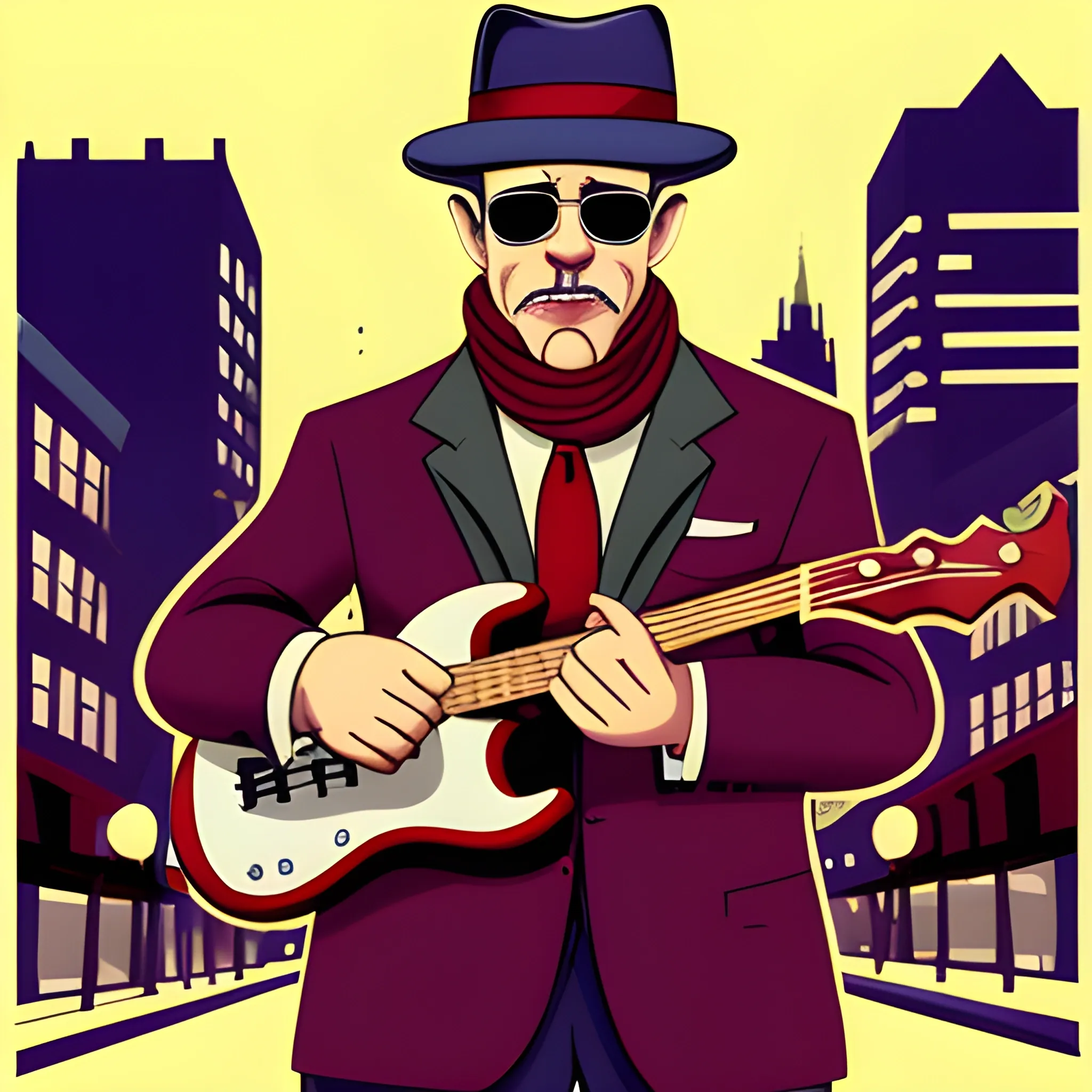 50 year old man, gangster with sunglasses and a gangster hat, playing a bass, wearing a suit and a burgundy scarf, in the city at night, vintage cartoon.